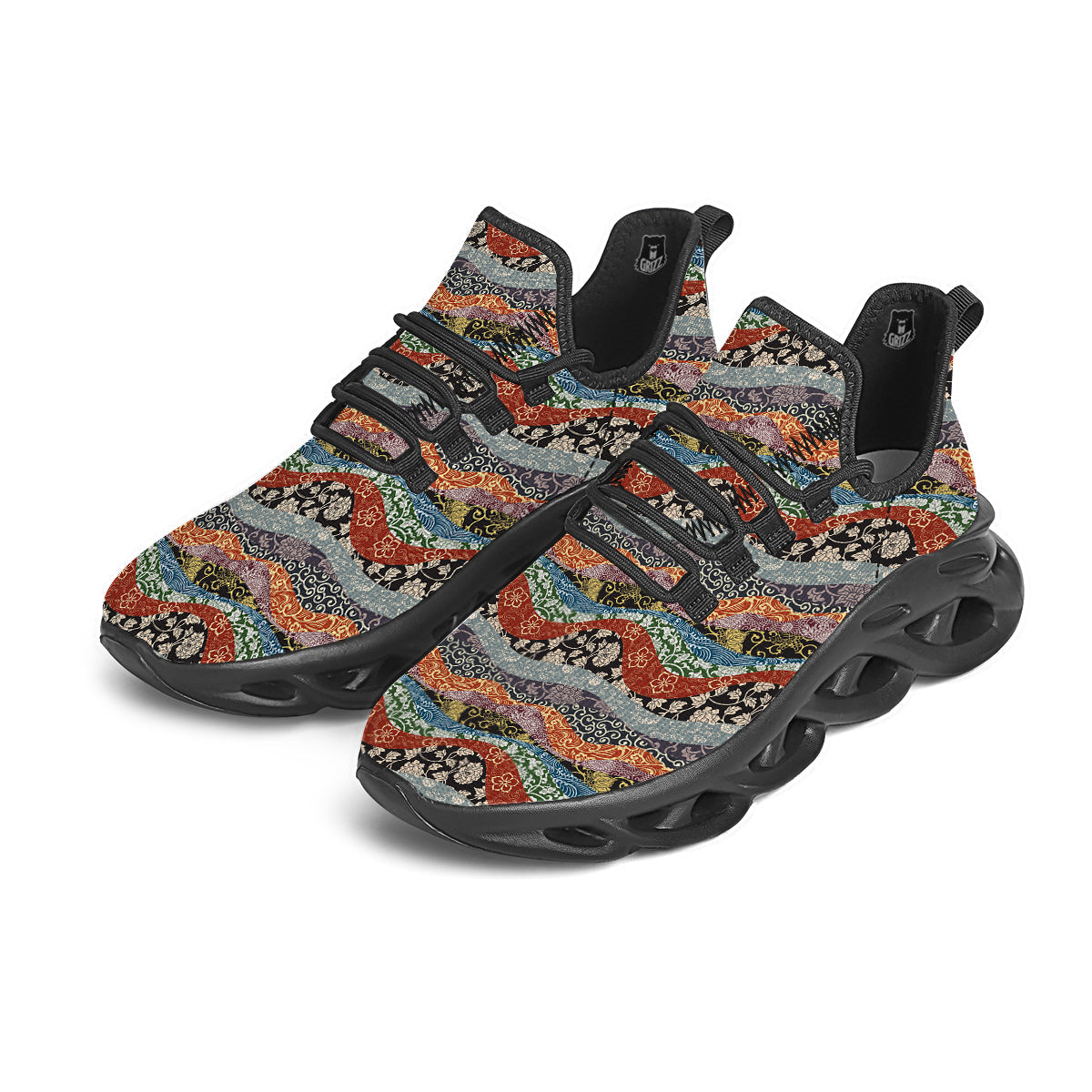 Wave Japanese Patchwork Print Pattern Black Running Shoes-grizzshop