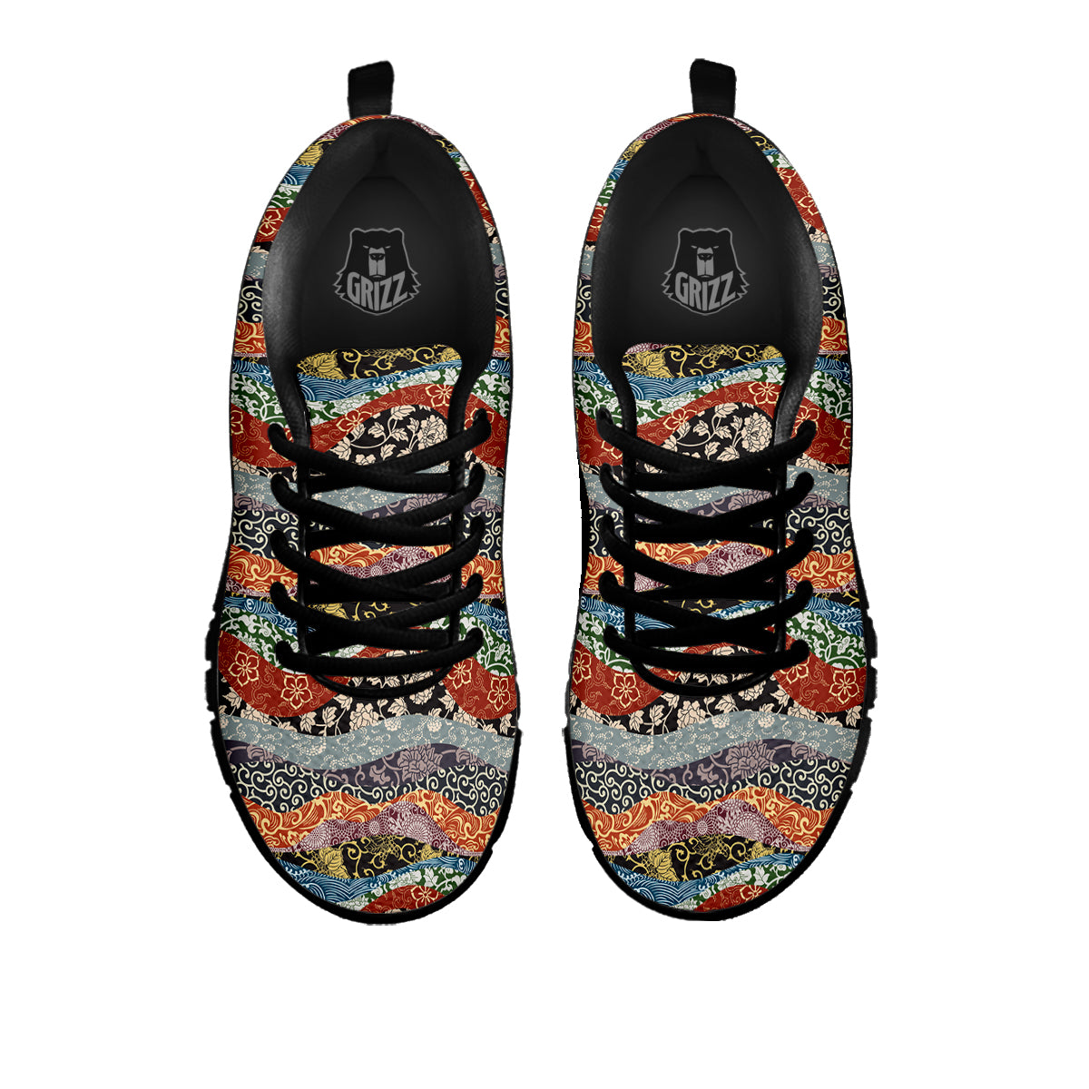 Wave Japanese Patchwork Print Pattern Black Sneaker-grizzshop