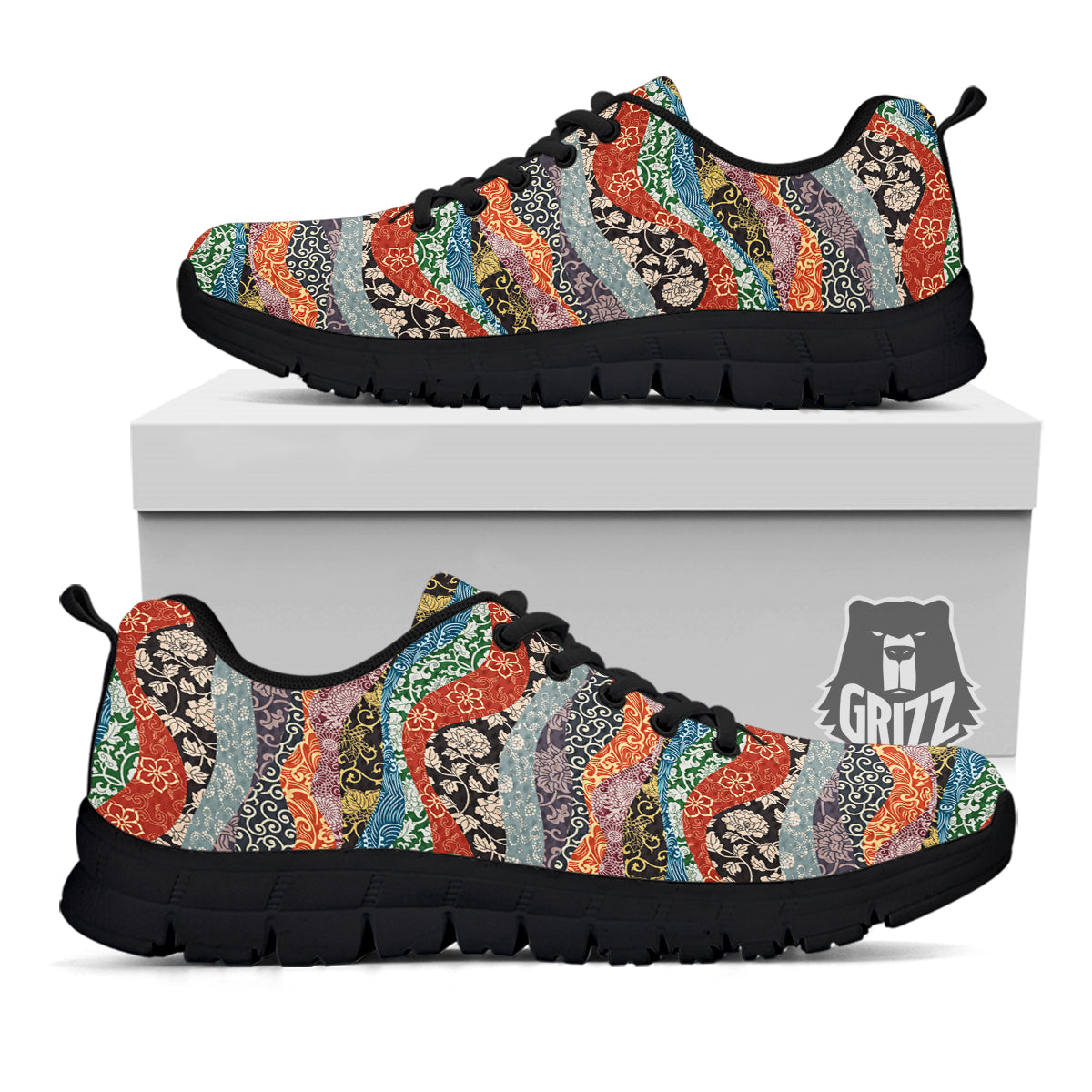 Wave Japanese Patchwork Print Pattern Black Sneaker-grizzshop