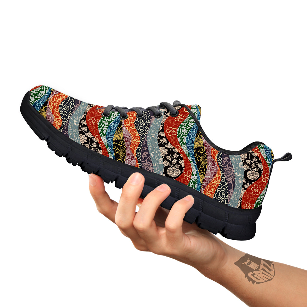 Wave Japanese Patchwork Print Pattern Black Sneaker-grizzshop