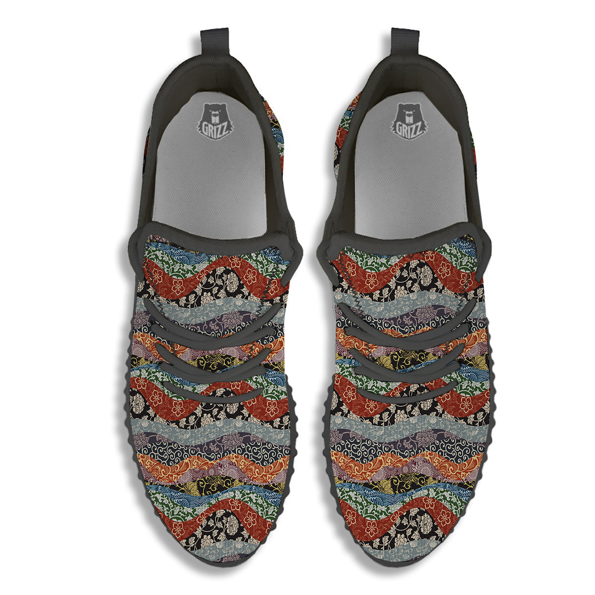Wave Japanese Patchwork Print Pattern Black Walking Shoes-grizzshop