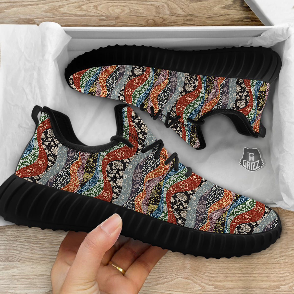 Wave Japanese Patchwork Print Pattern Black Walking Shoes-grizzshop