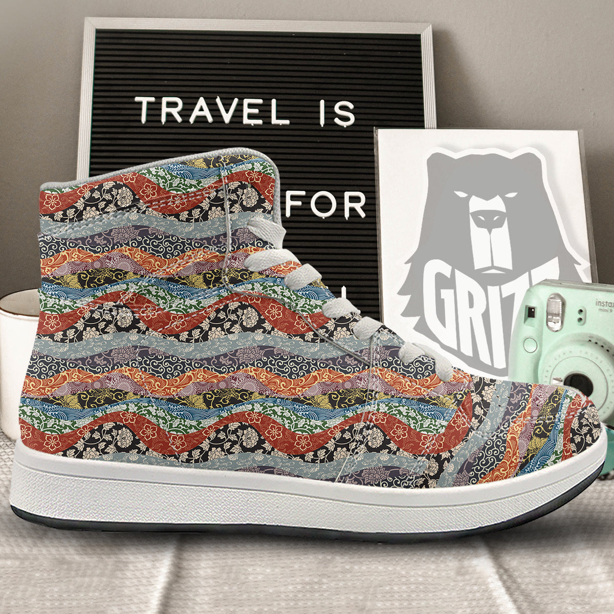 Wave Japanese Patchwork Print Pattern High Top Sneakers-grizzshop