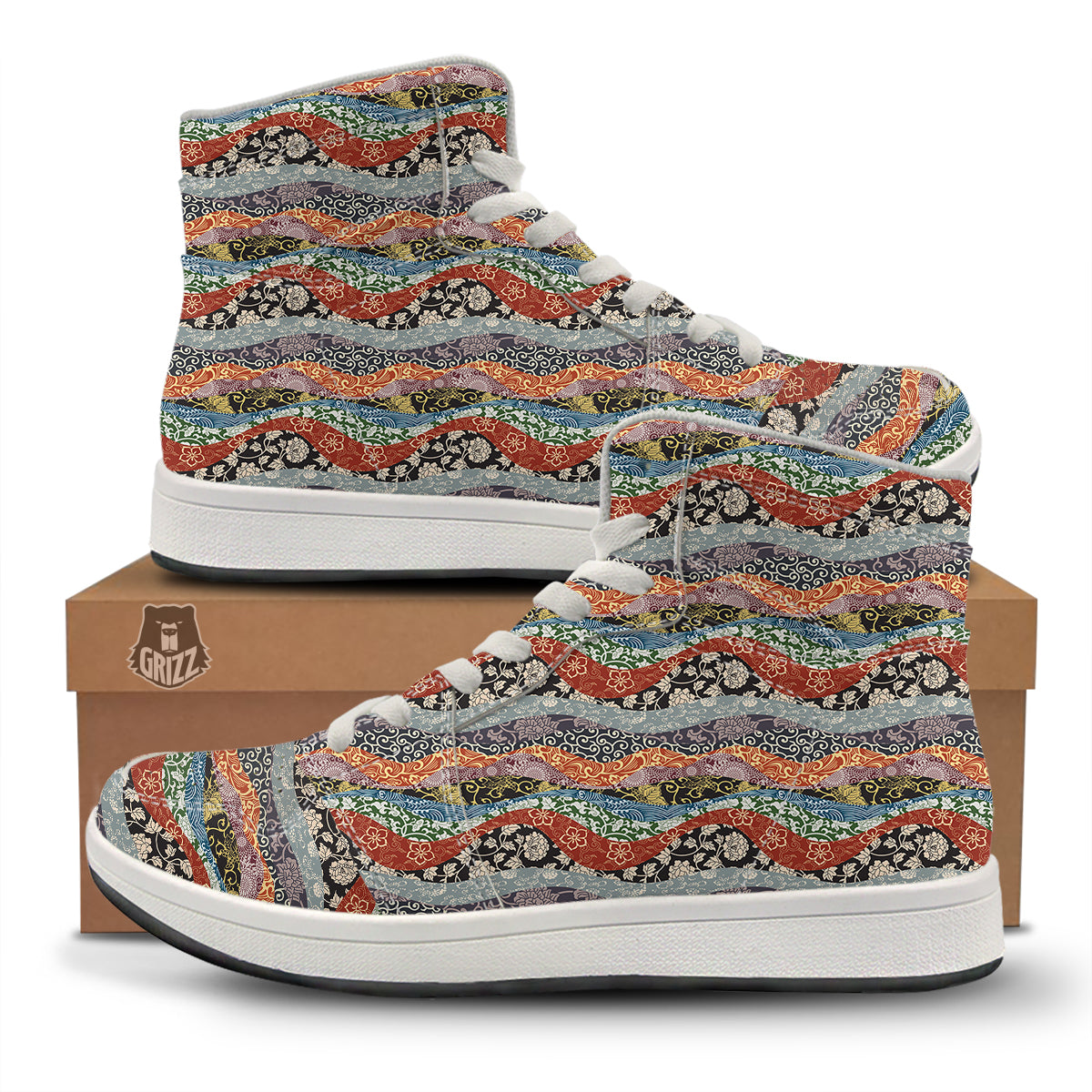 Wave Japanese Patchwork Print Pattern High Top Sneakers-grizzshop