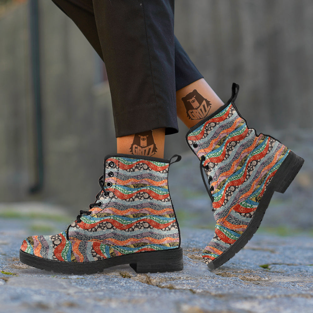 Wave Japanese Patchwork Print Pattern Leather Boots-grizzshop