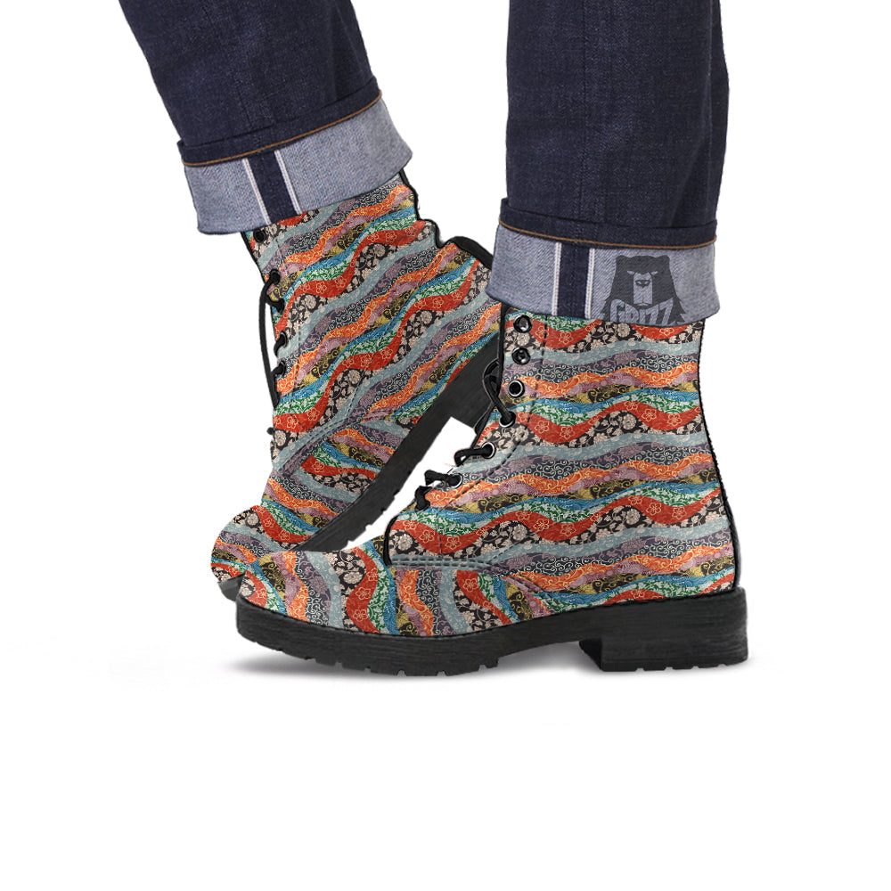 Wave Japanese Patchwork Print Pattern Leather Boots-grizzshop