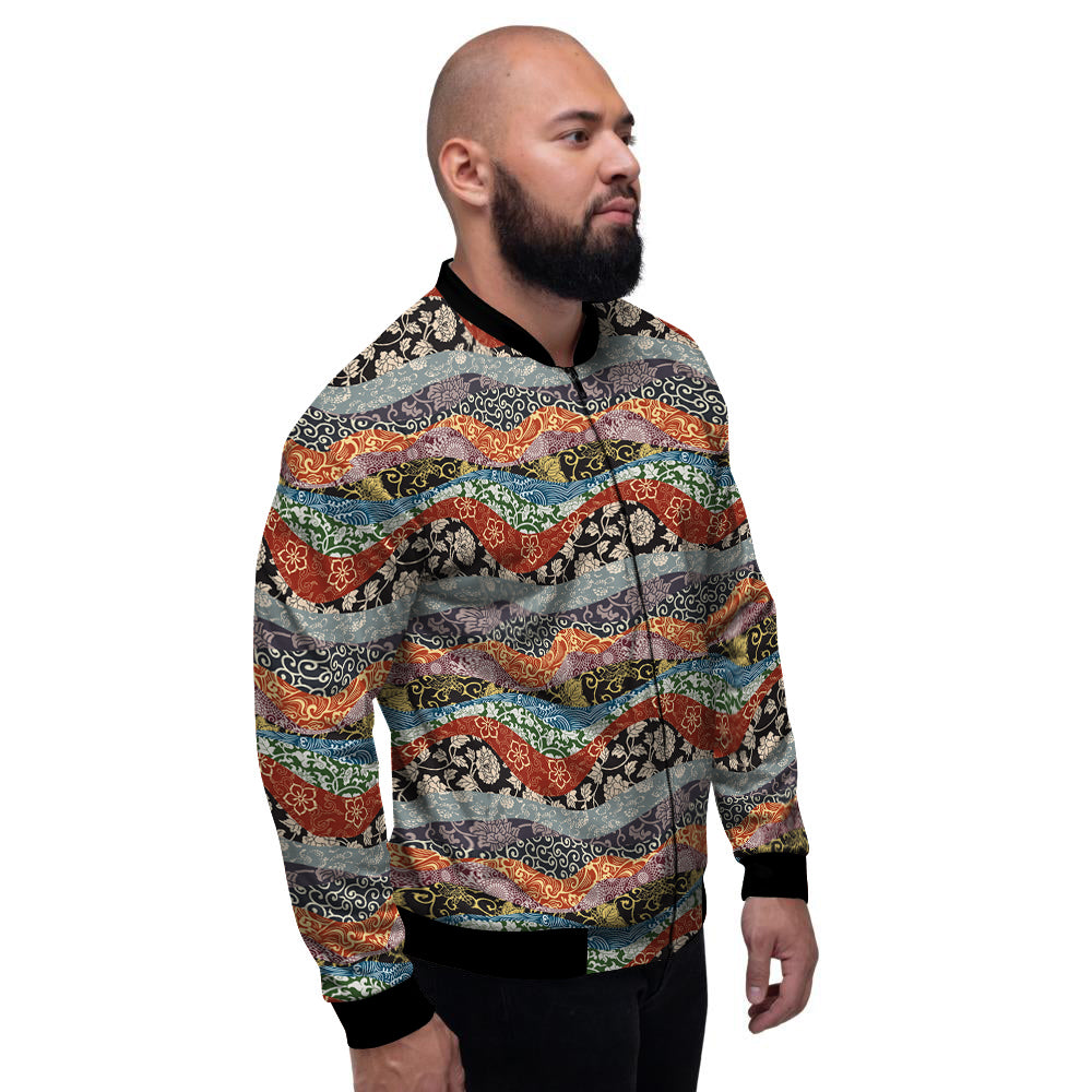 Wave Japanese Patchwork Print Pattern Men's Bomber Jacket-grizzshop