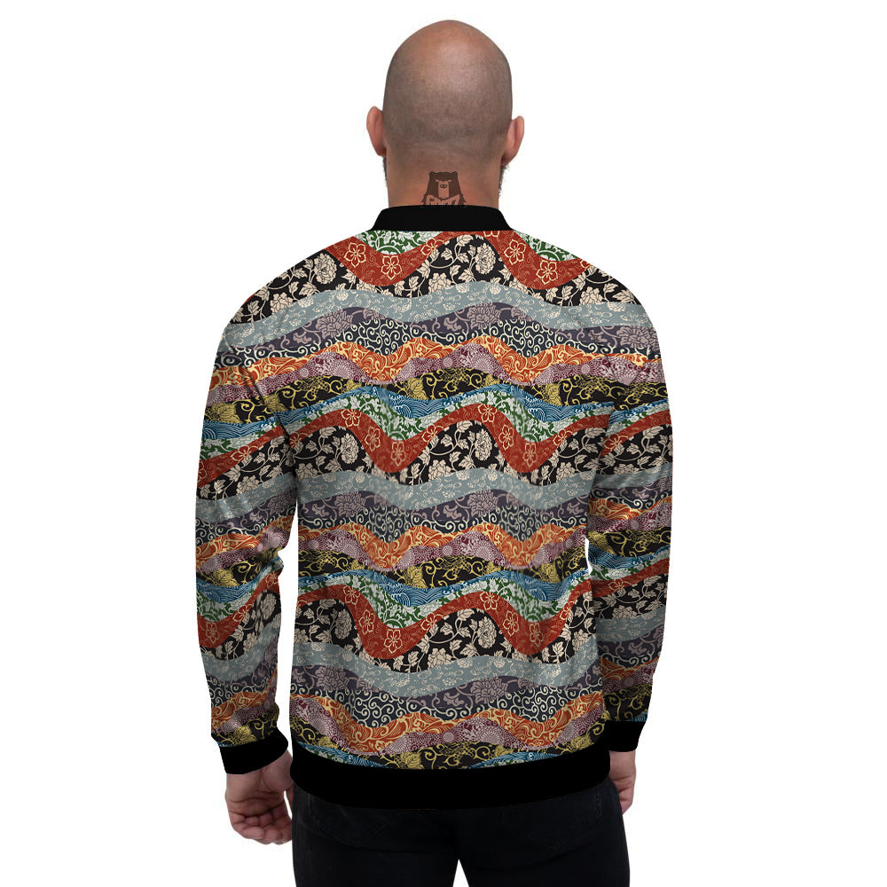 Wave Japanese Patchwork Print Pattern Men's Bomber Jacket-grizzshop