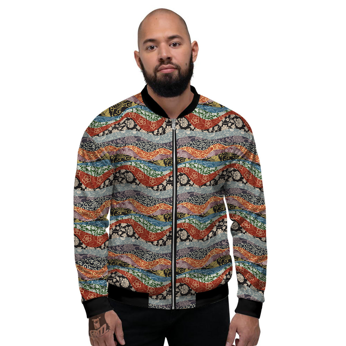 Wave Japanese Patchwork Print Pattern Men's Bomber Jacket-grizzshop