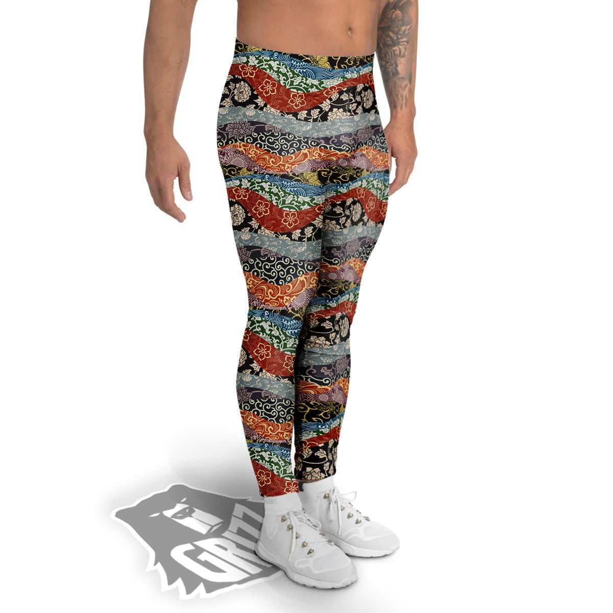 Wave Japanese Patchwork Print Pattern Men's Leggings-grizzshop