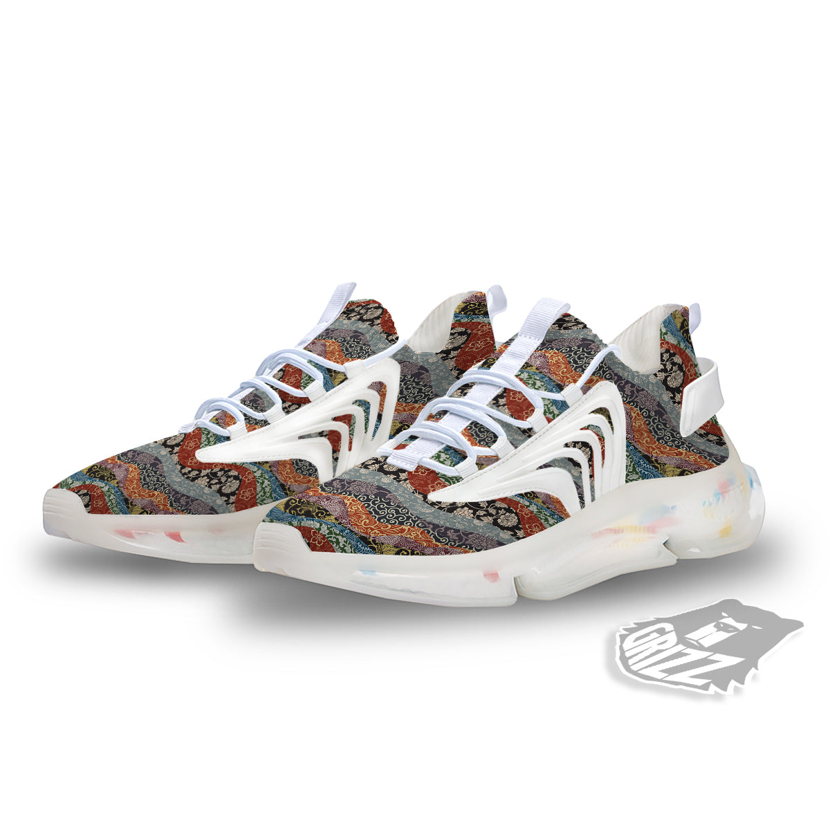 Wave Japanese Patchwork Print Pattern White Gym Shoes-grizzshop