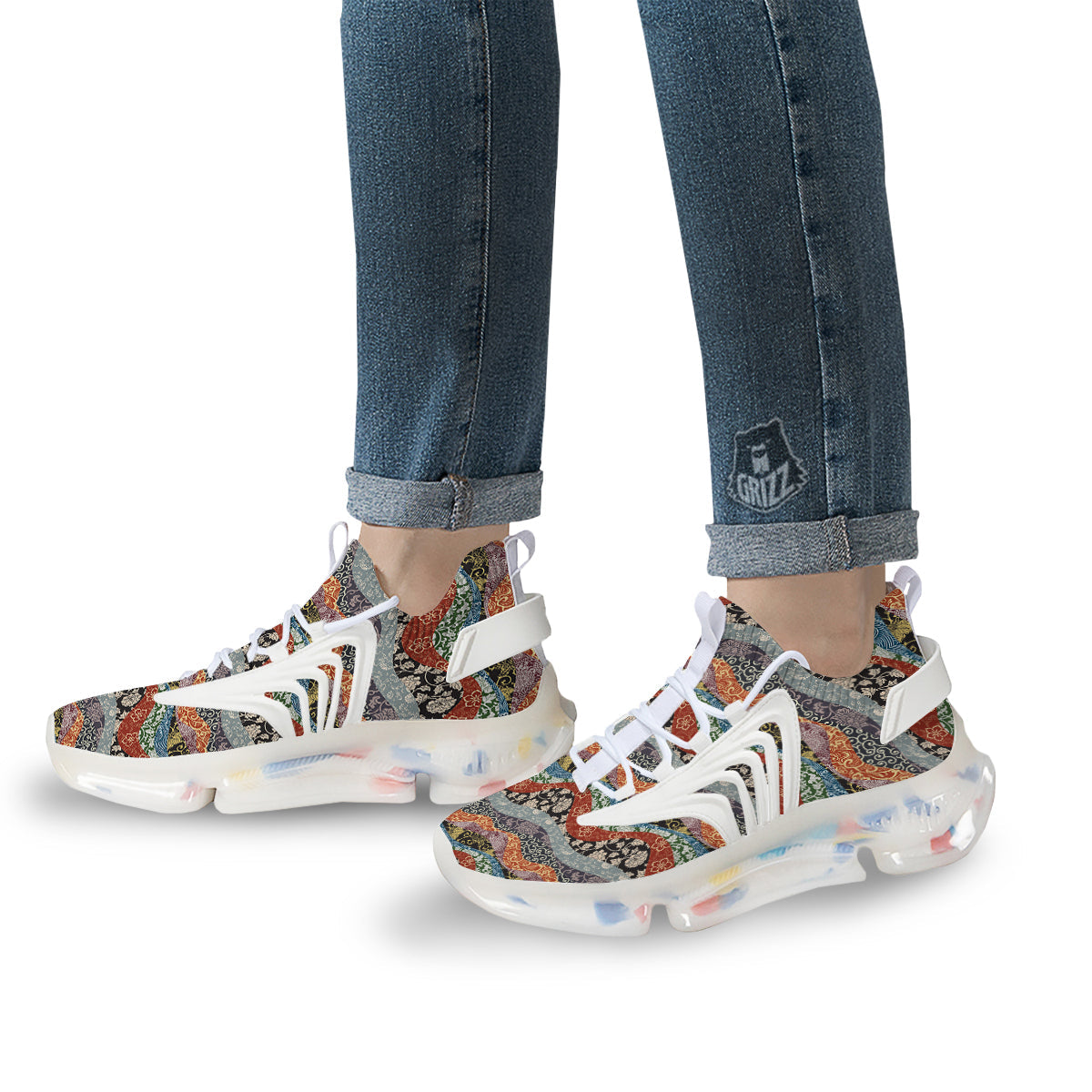 Wave Japanese Patchwork Print Pattern White Gym Shoes-grizzshop