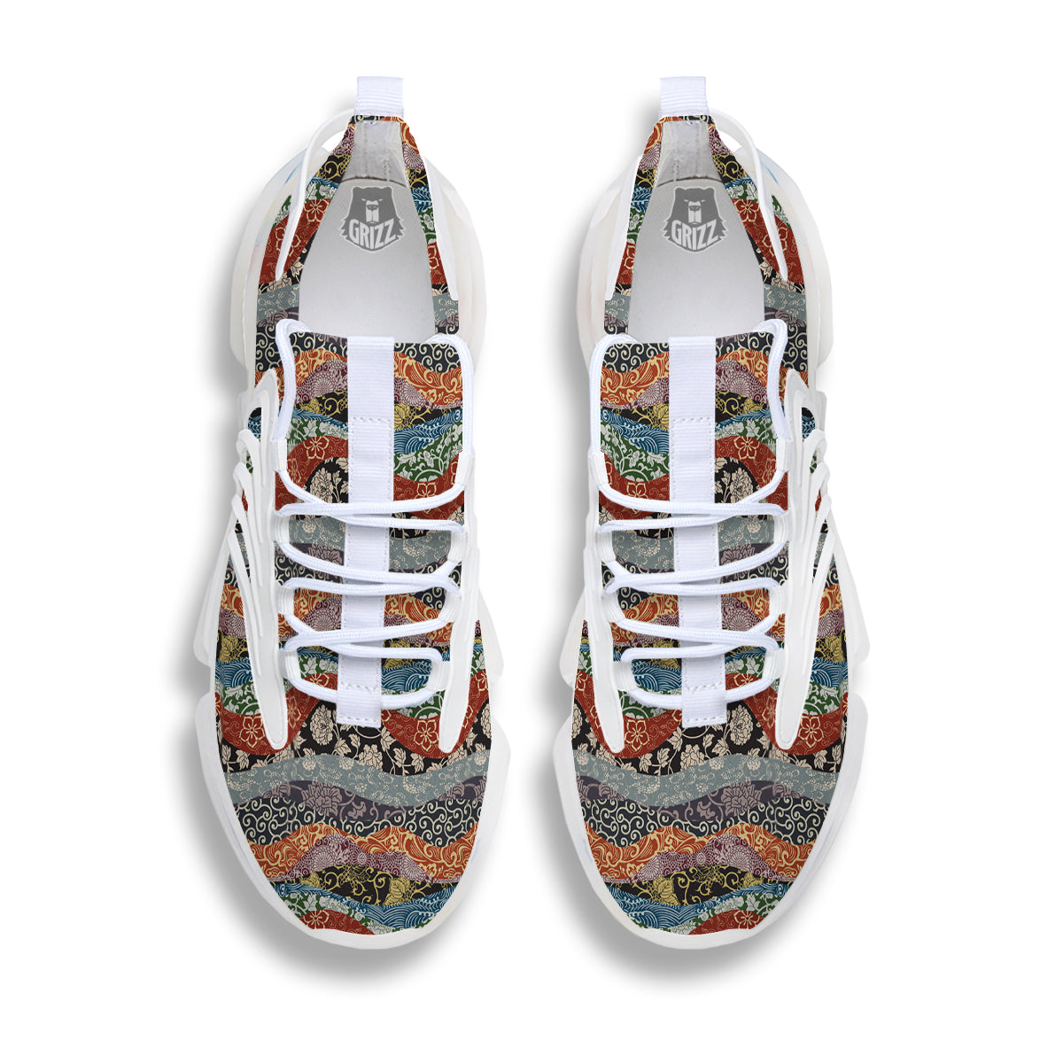 Wave Japanese Patchwork Print Pattern White Gym Shoes-grizzshop