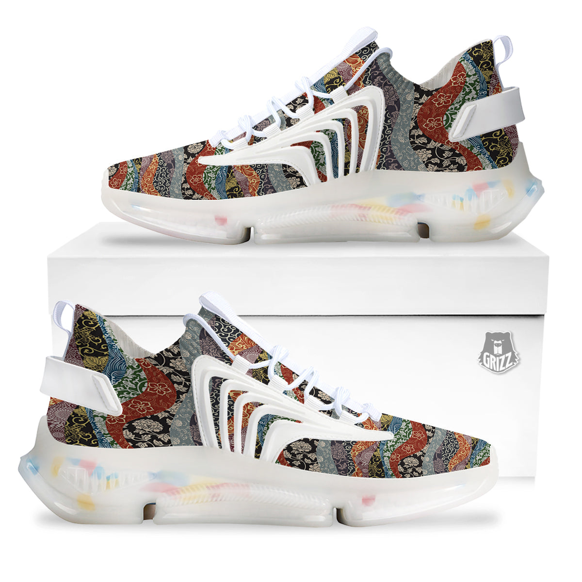 Wave Japanese Patchwork Print Pattern White Gym Shoes-grizzshop