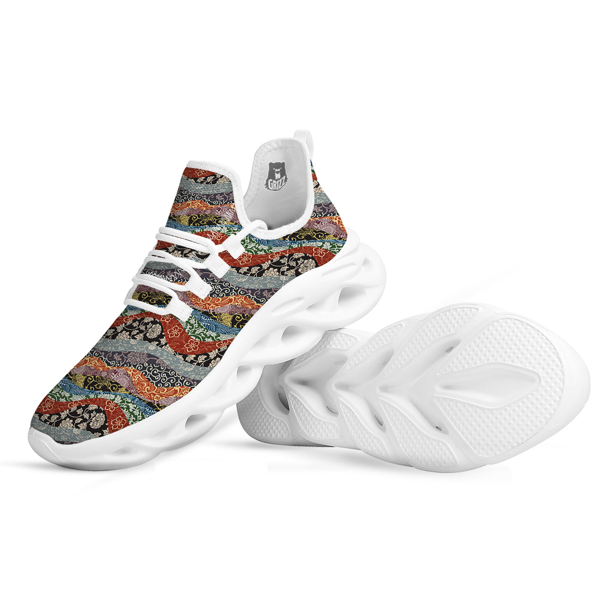 Wave Japanese Patchwork Print Pattern White Running Shoes-grizzshop