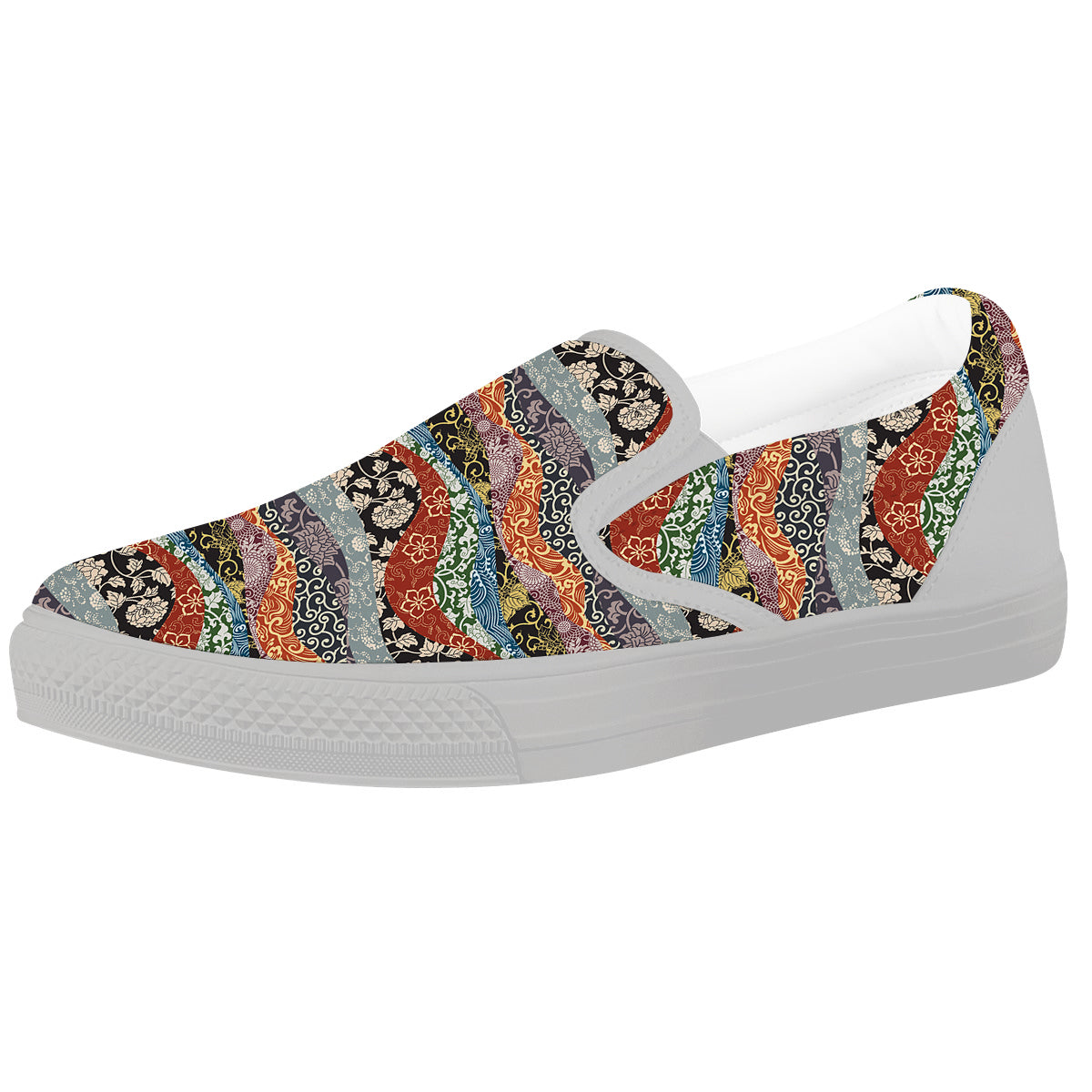 Wave Japanese Patchwork Print Pattern White Slip On Shoes-grizzshop