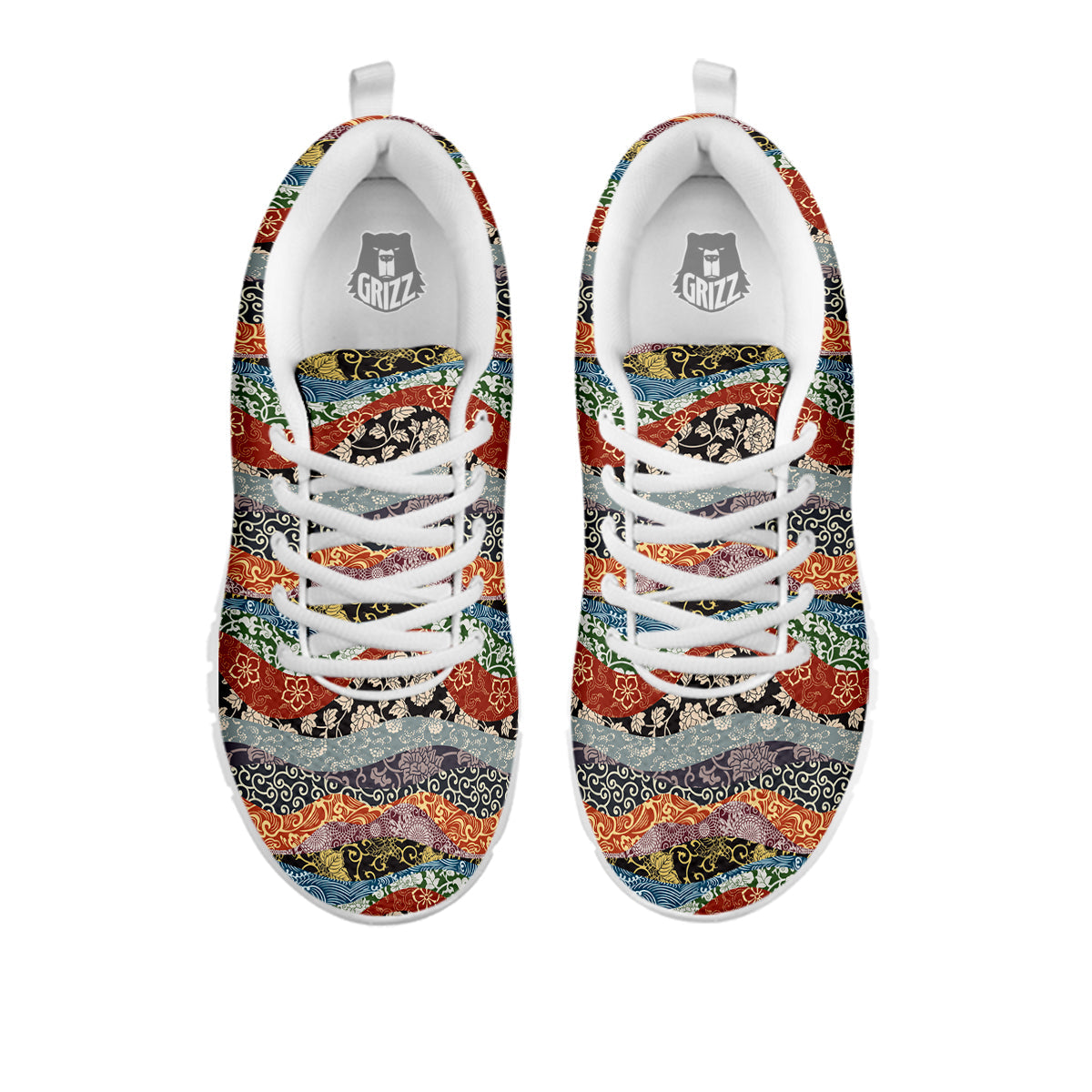 Wave Japanese Patchwork Print Pattern White Sneaker-grizzshop