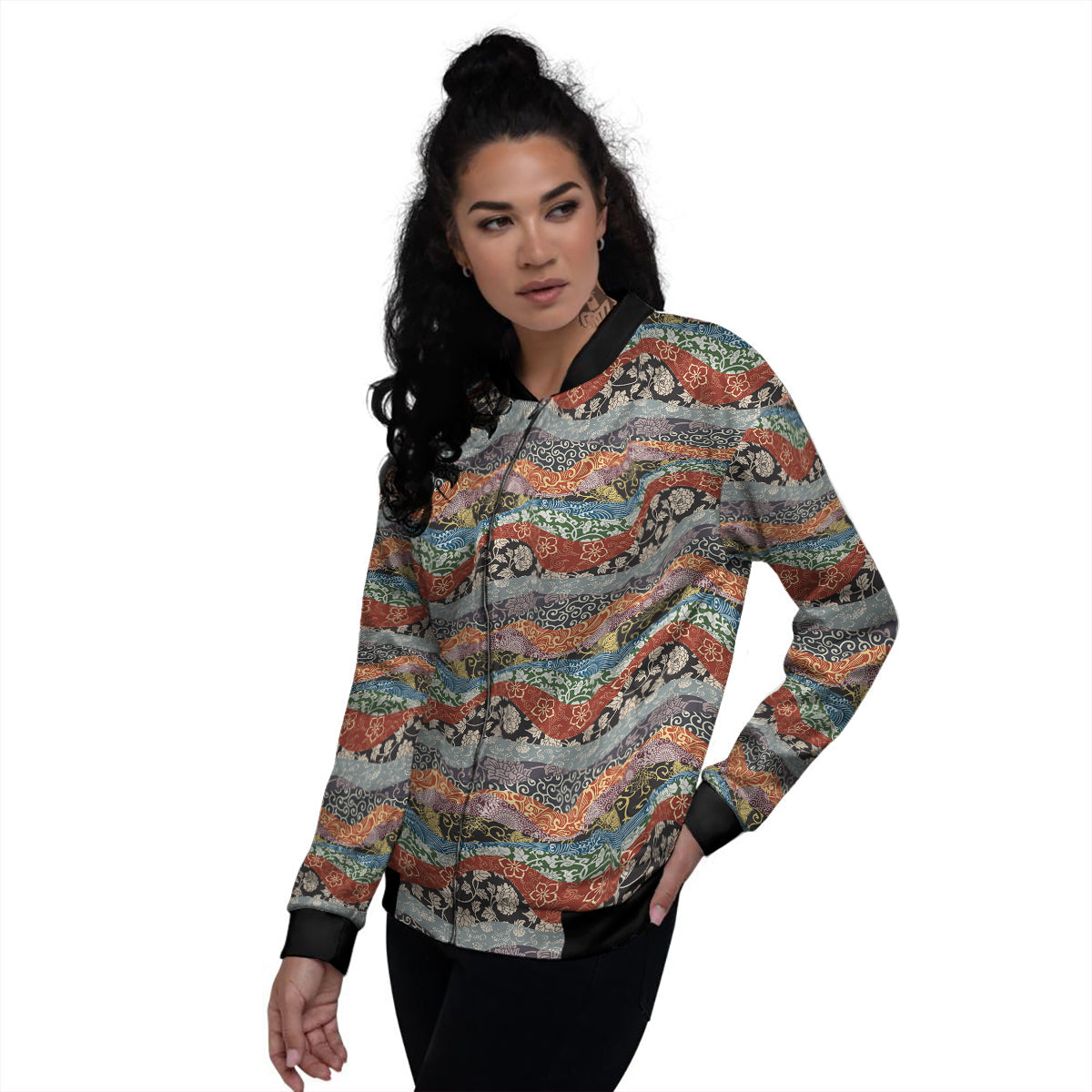 Wave Japanese Patchwork Print Pattern Women's Bomber Jacket-grizzshop