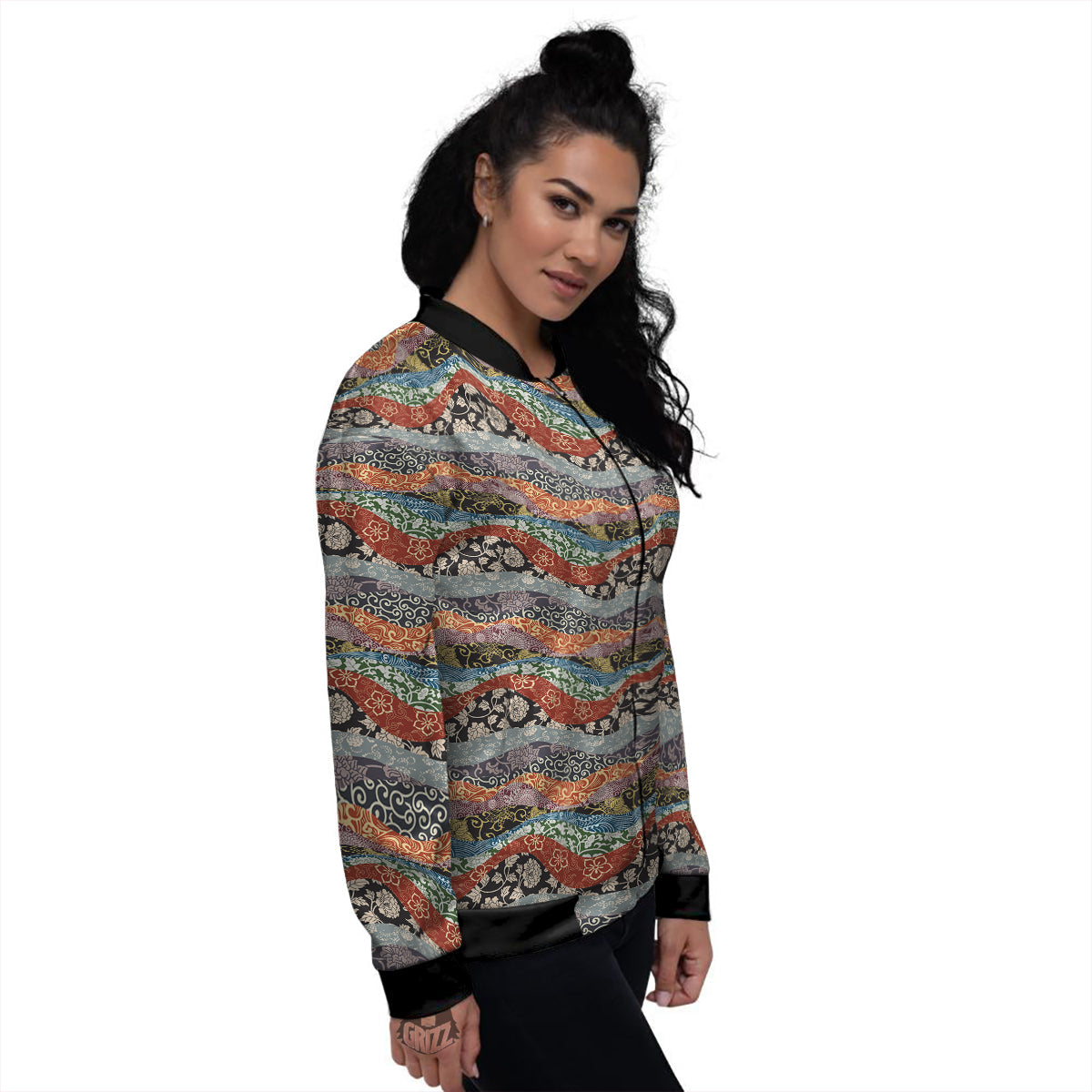 Wave Japanese Patchwork Print Pattern Women's Bomber Jacket-grizzshop