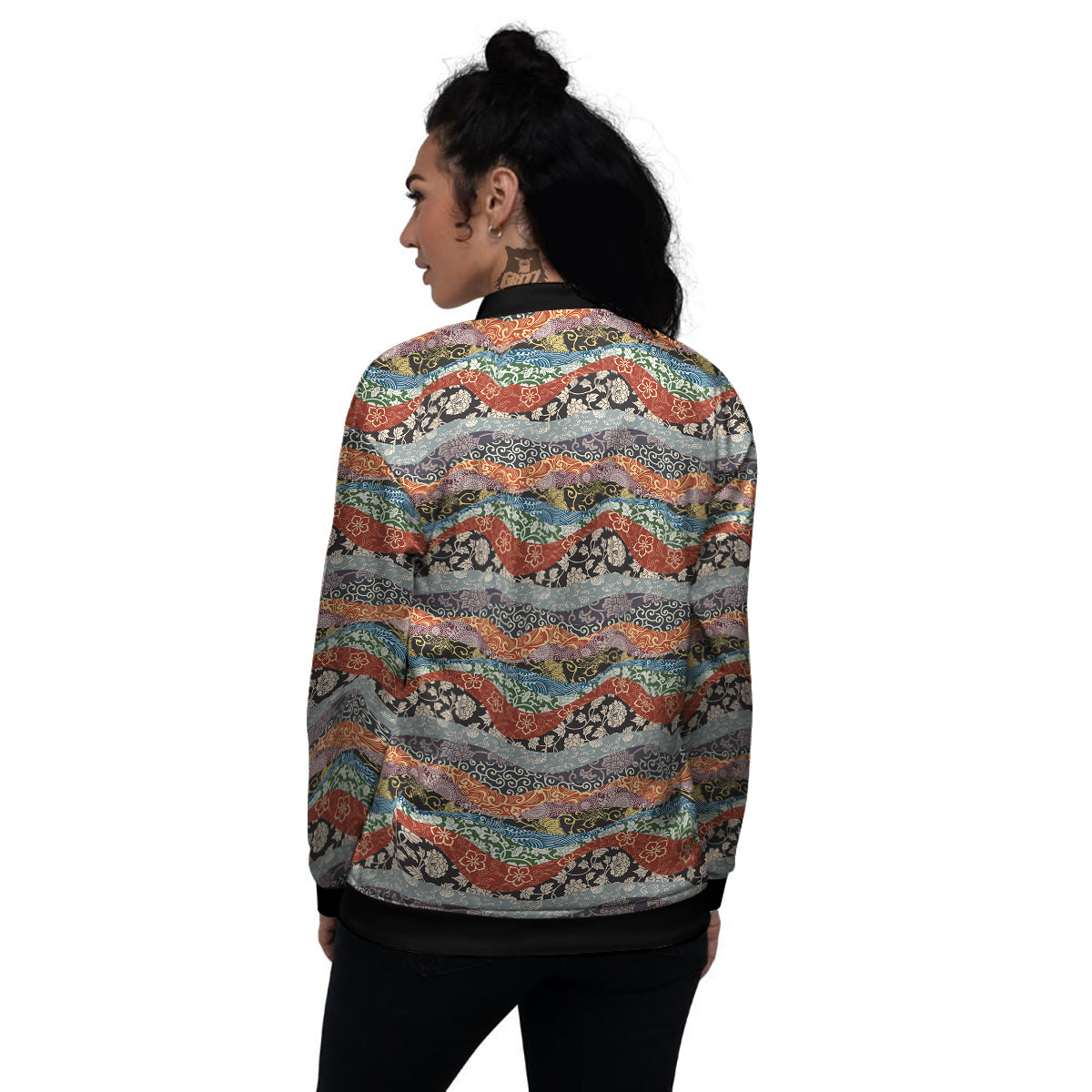 Wave Japanese Patchwork Print Pattern Women's Bomber Jacket-grizzshop