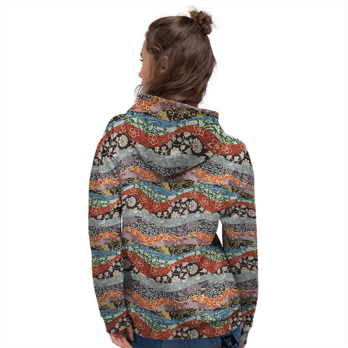 Wave Japanese Patchwork Print Pattern Women's Hoodie-grizzshop
