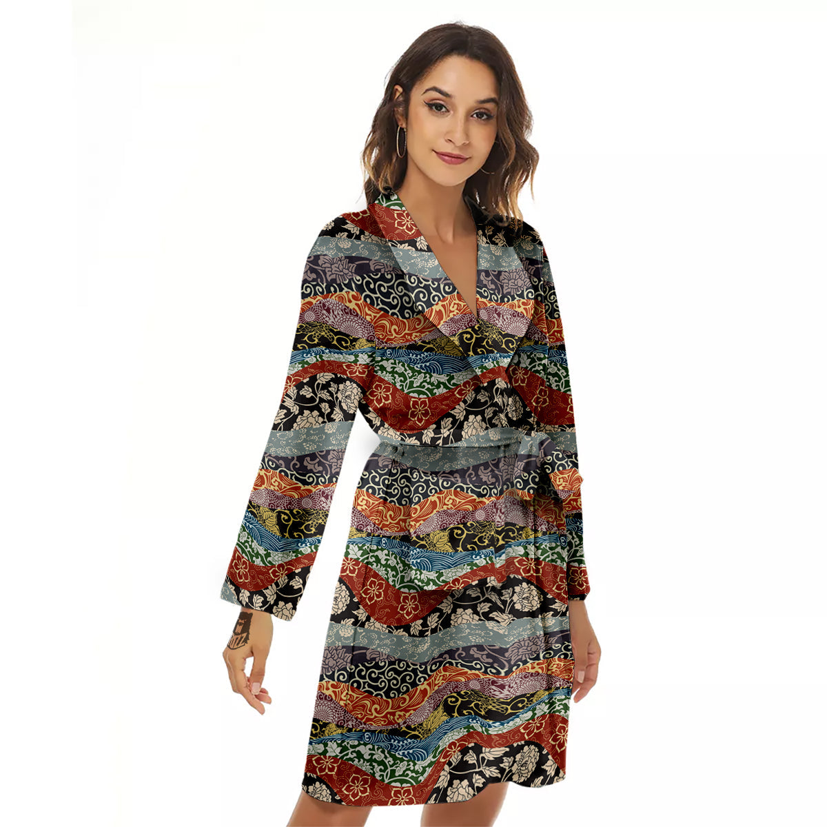 Wave Japanese Patchwork Print Pattern Women's Robe-grizzshop