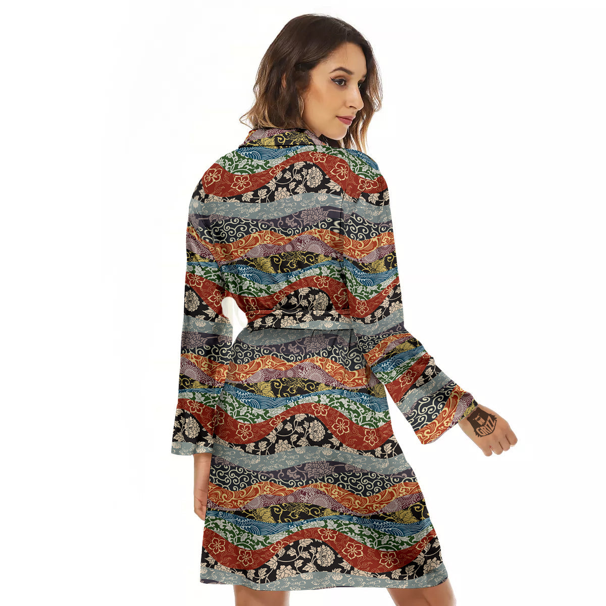Wave Japanese Patchwork Print Pattern Women's Robe-grizzshop