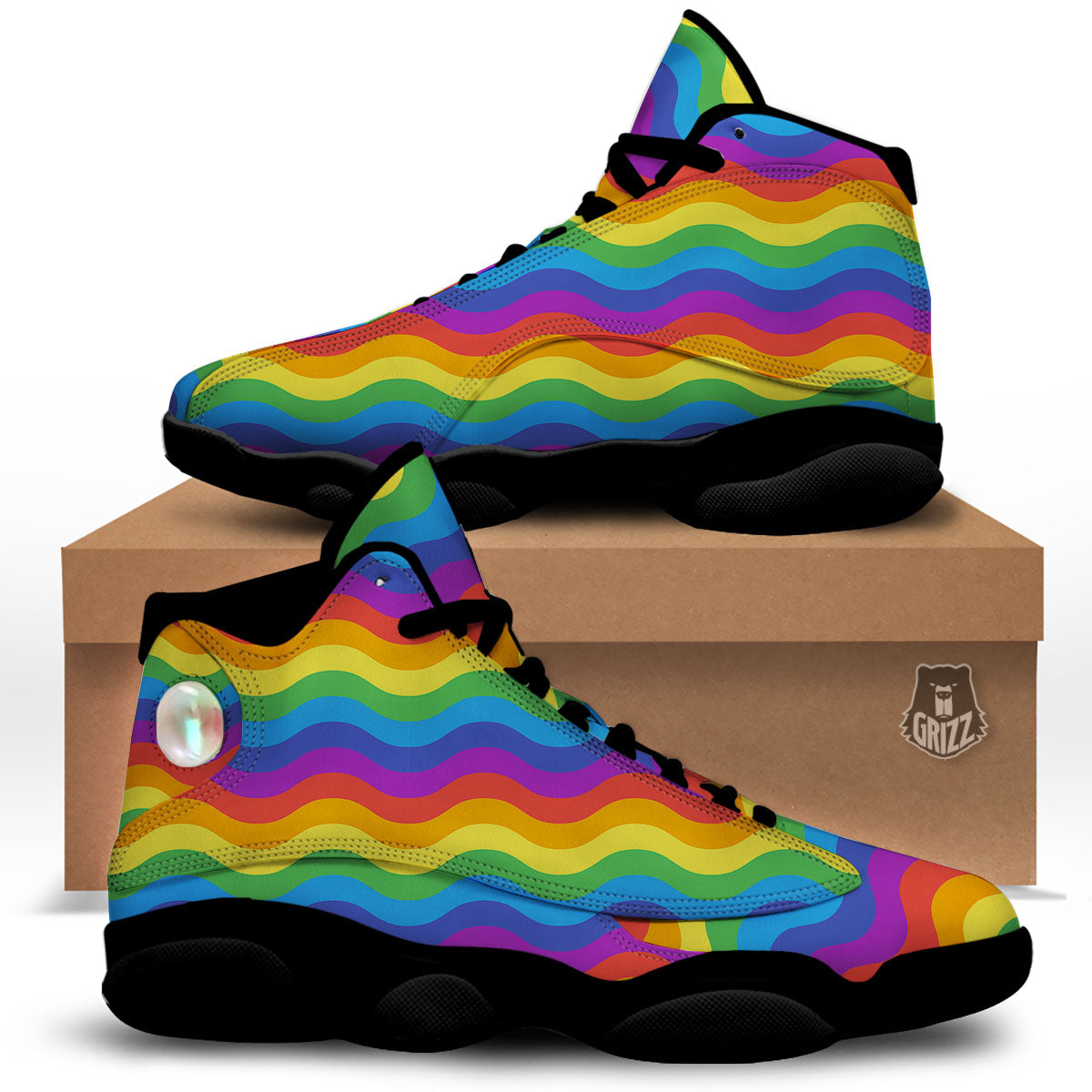 Wave Rainbow Print Pattern Black Basketball Shoes-grizzshop