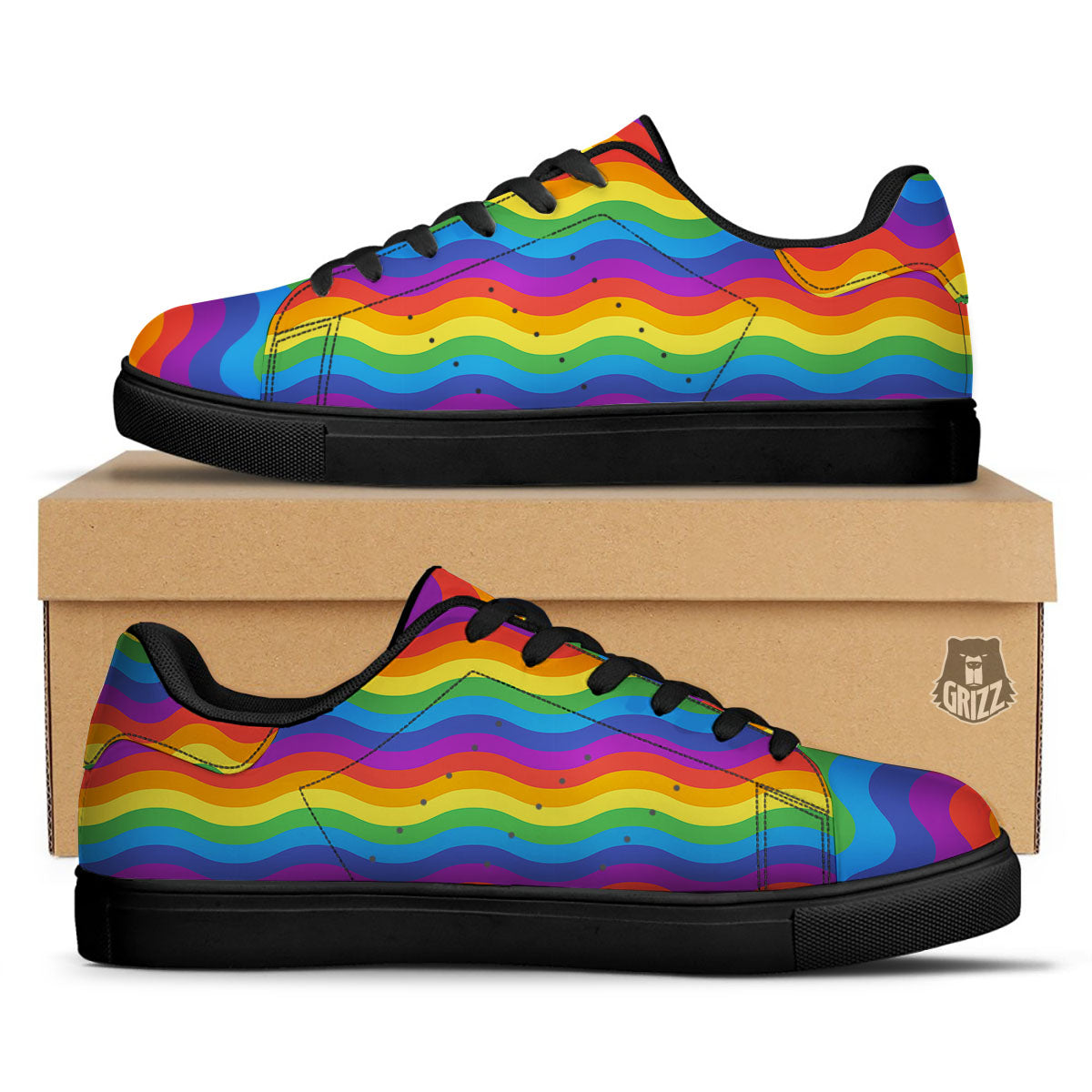 Wave Rainbow Print Pattern Black Low Top Sneakers-grizzshop
