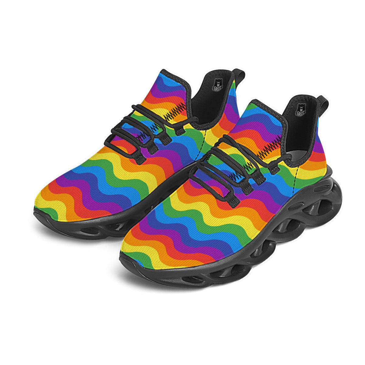 Wave Rainbow Print Pattern Black Running Shoes-grizzshop