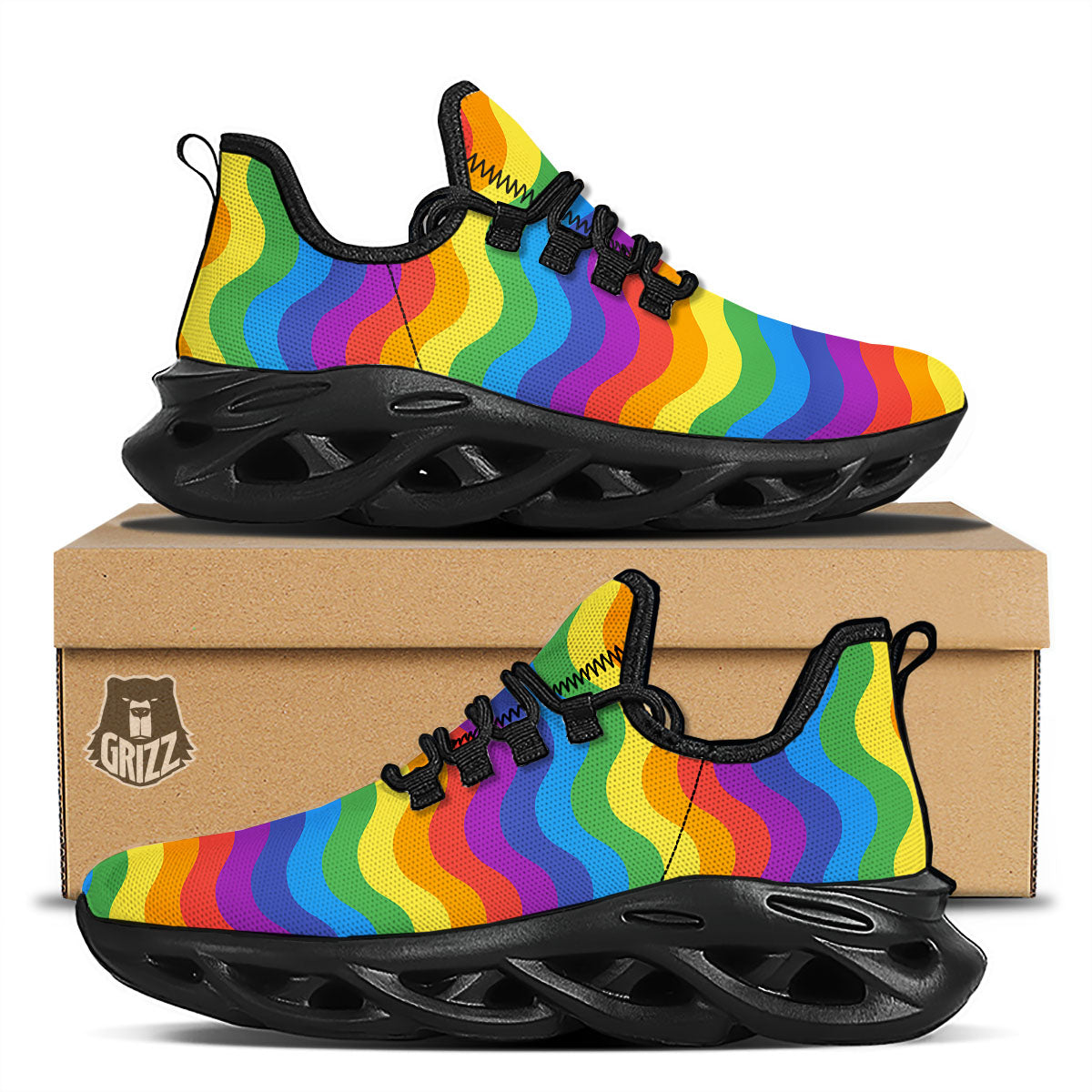 Wave Rainbow Print Pattern Black Running Shoes-grizzshop