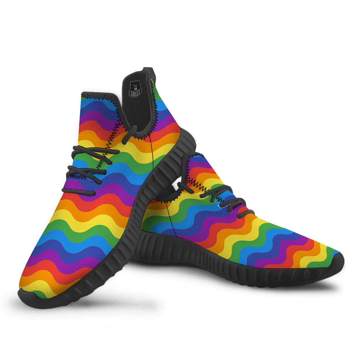 Wave Rainbow Print Pattern Black Walking Shoes-grizzshop