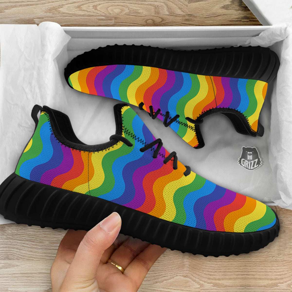 Wave Rainbow Print Pattern Black Walking Shoes-grizzshop