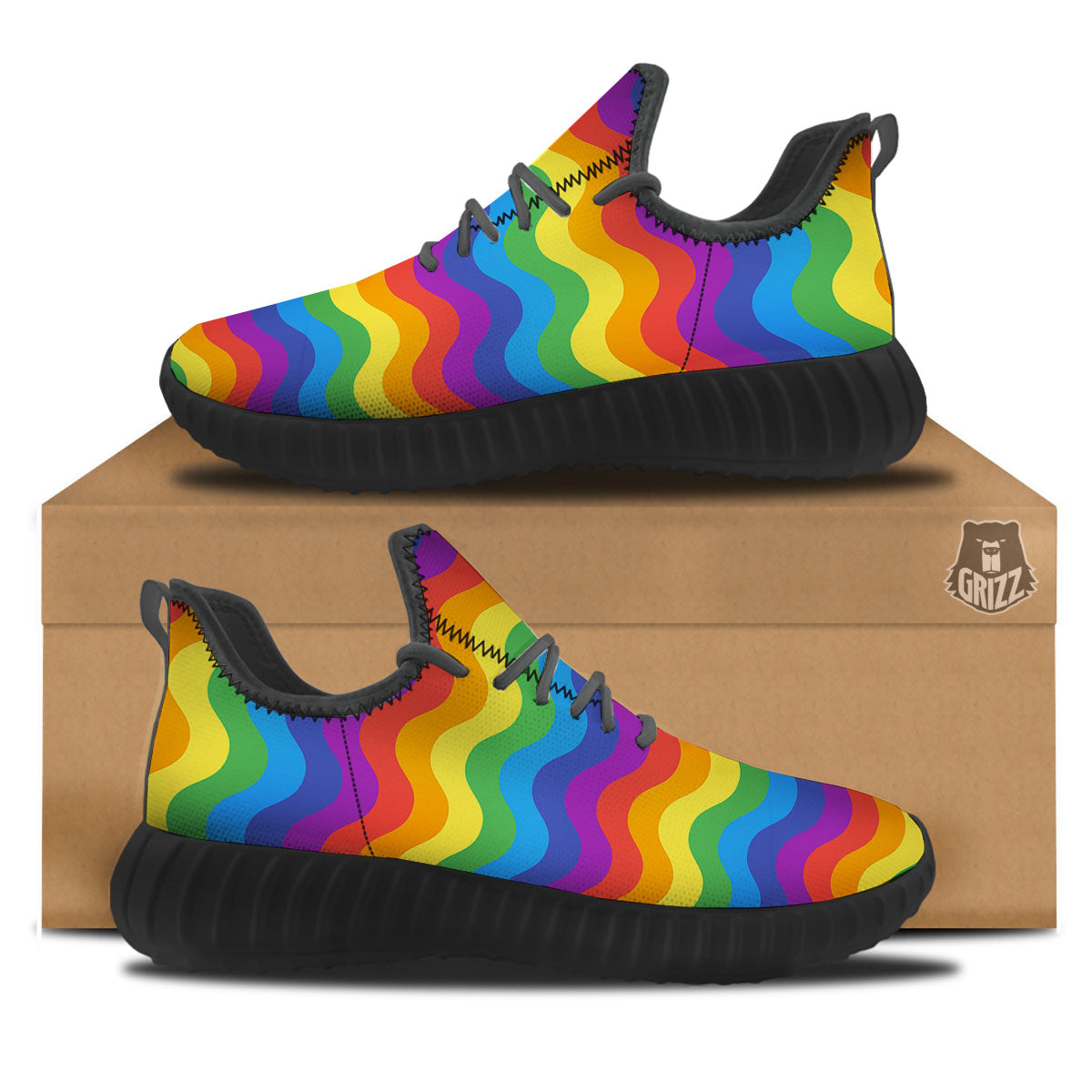 Wave Rainbow Print Pattern Black Walking Shoes-grizzshop