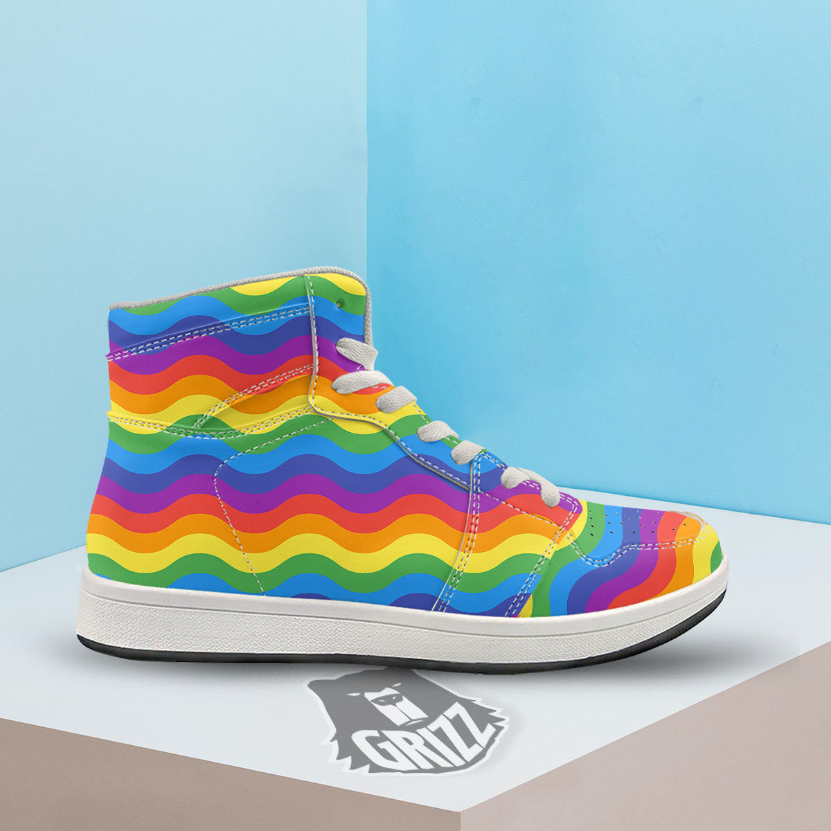 Wave Rainbow Print Pattern High Top Sneakers-grizzshop