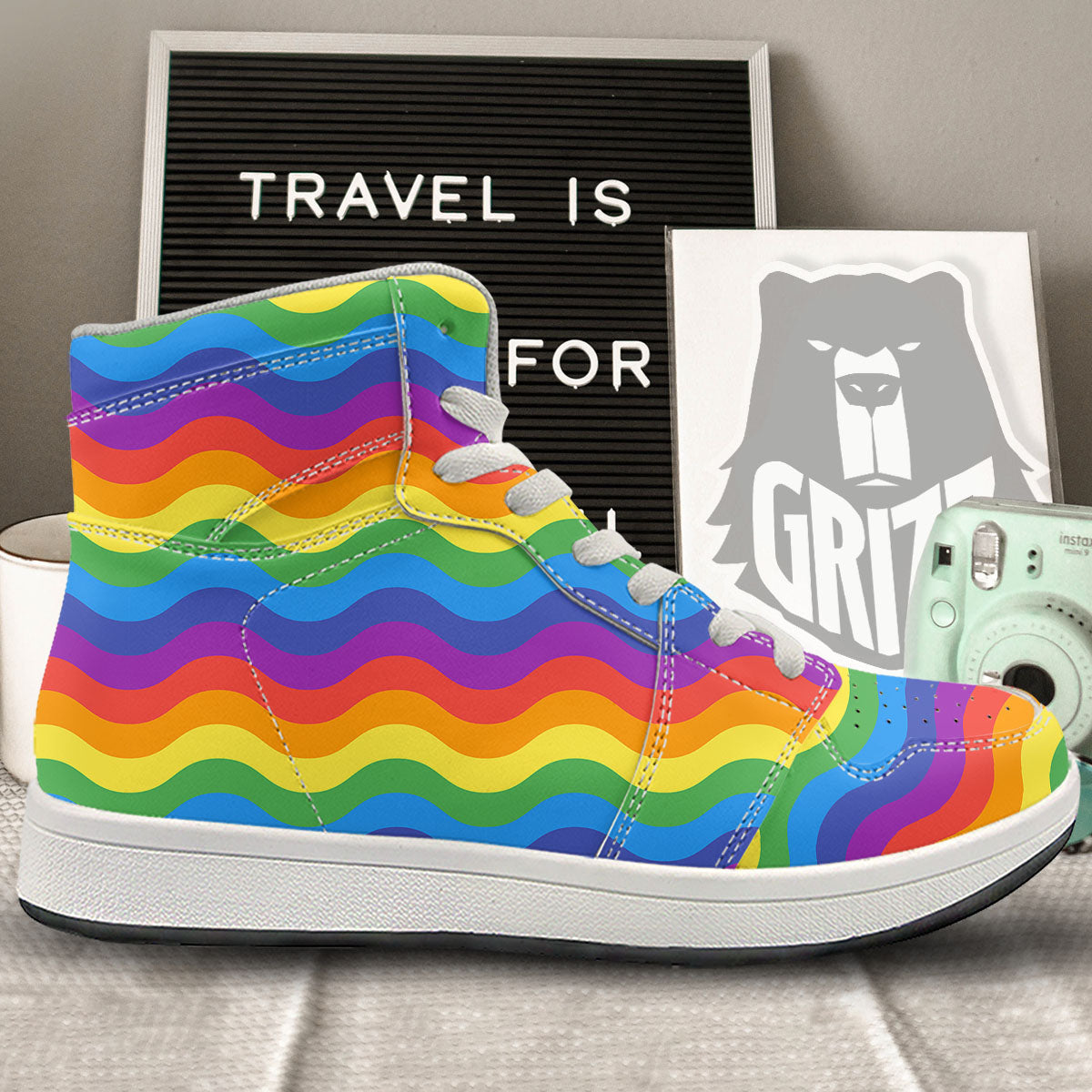 Wave Rainbow Print Pattern High Top Sneakers-grizzshop