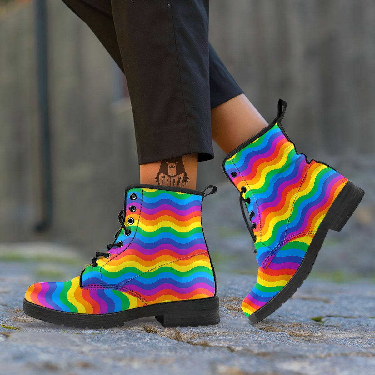 Wave Rainbow Print Pattern Leather Boots-grizzshop
