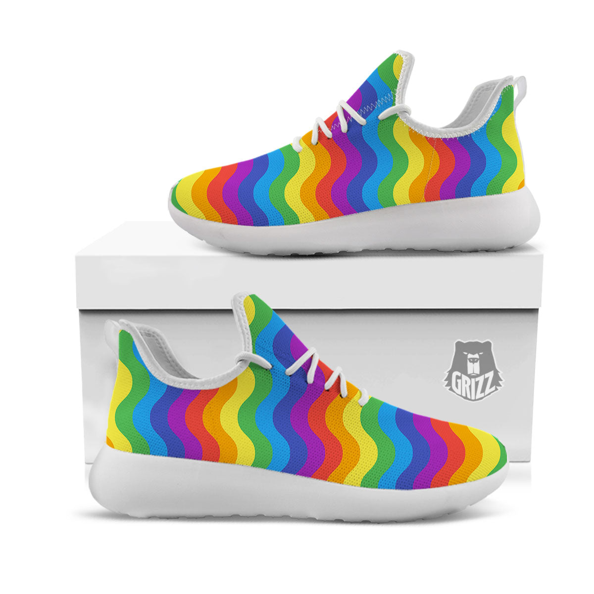 Wave Rainbow Print Pattern White Athletic Shoes-grizzshop