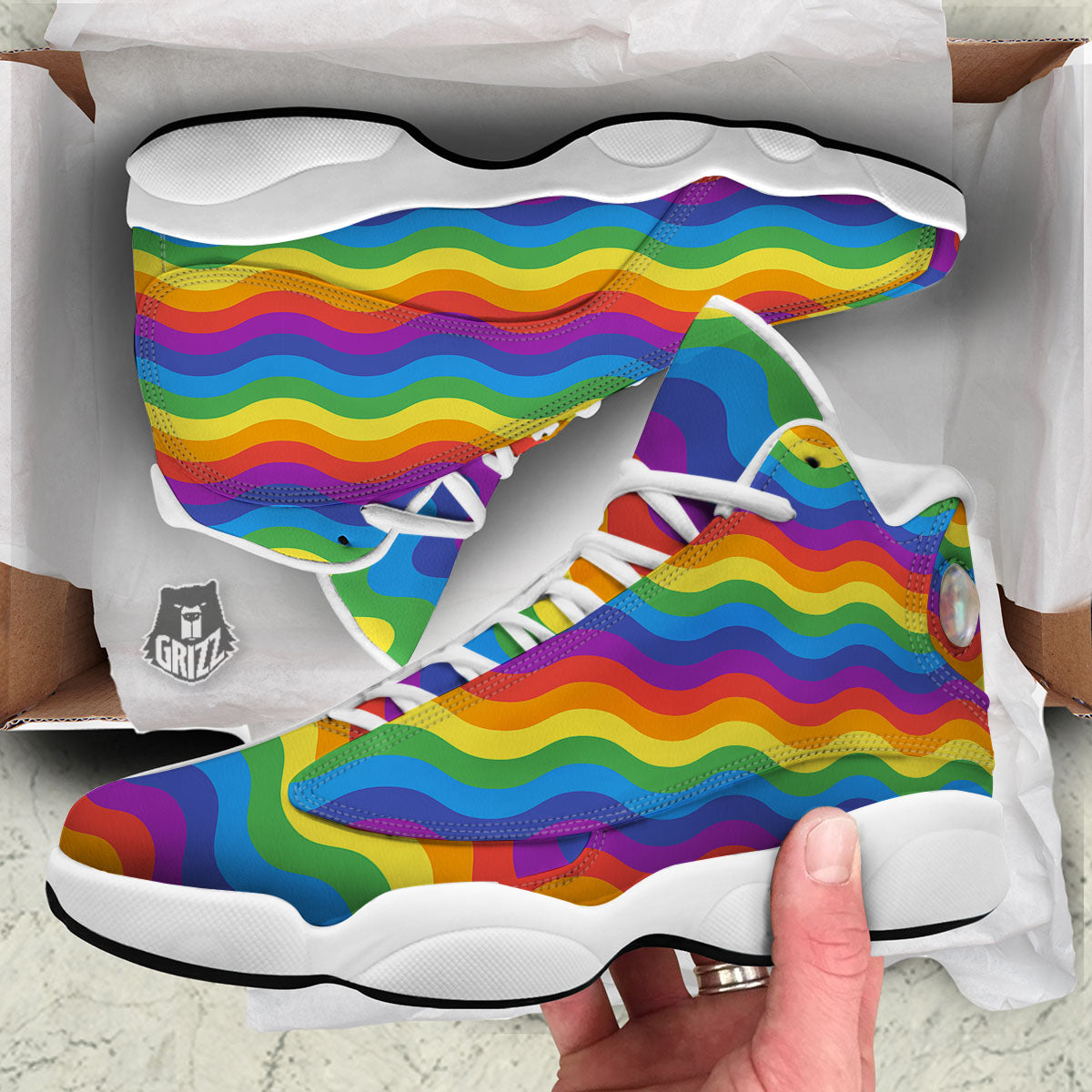 Wave Rainbow Print Pattern White Basketball Shoes-grizzshop