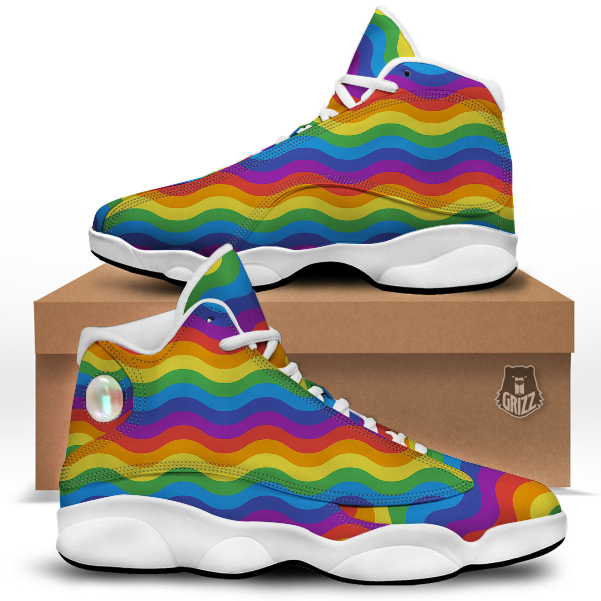 Wave Rainbow Print Pattern White Basketball Shoes-grizzshop