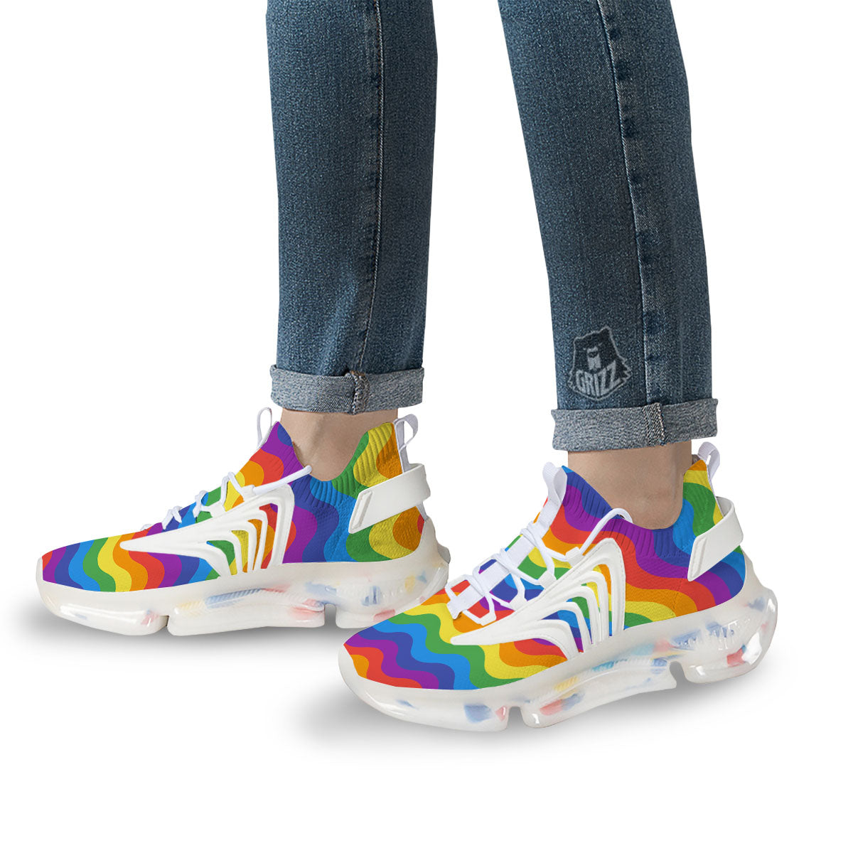 Wave Rainbow Print Pattern White Gym Shoes-grizzshop