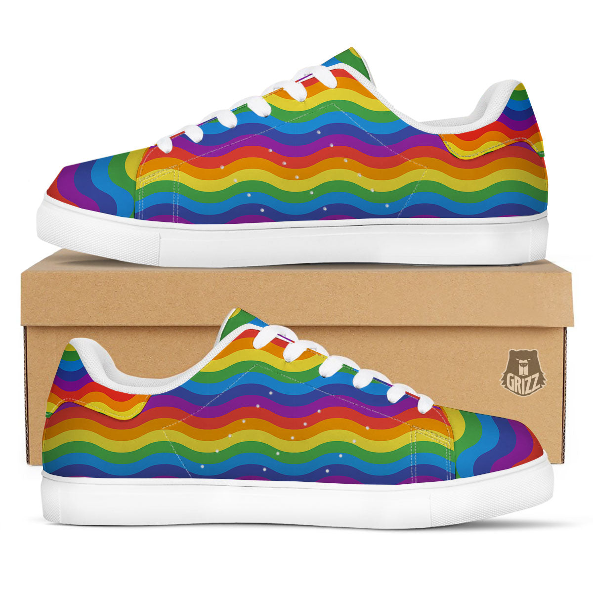 Wave Rainbow Print Pattern White Low Top Sneakers-grizzshop