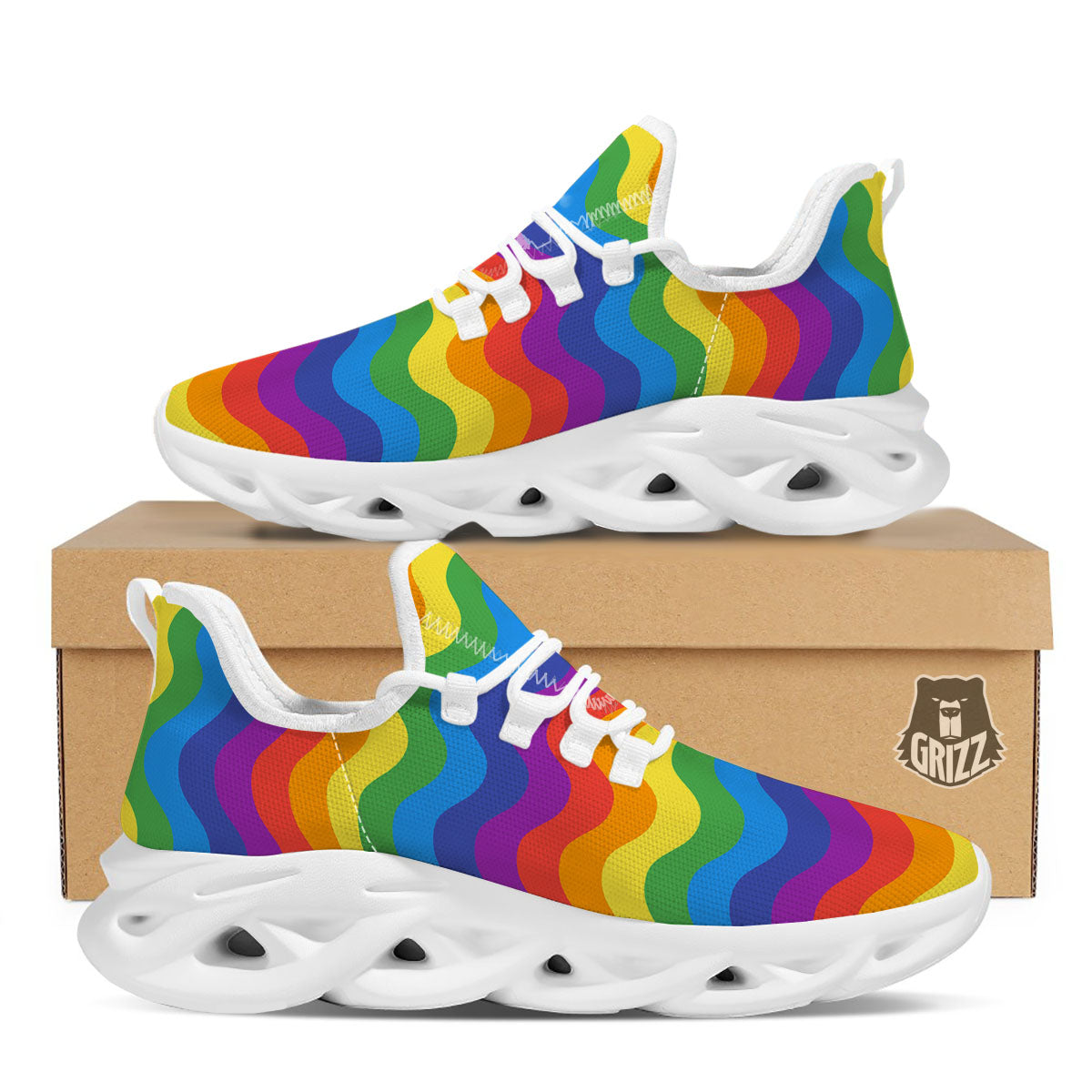 Wave Rainbow Print Pattern White Running Shoes-grizzshop