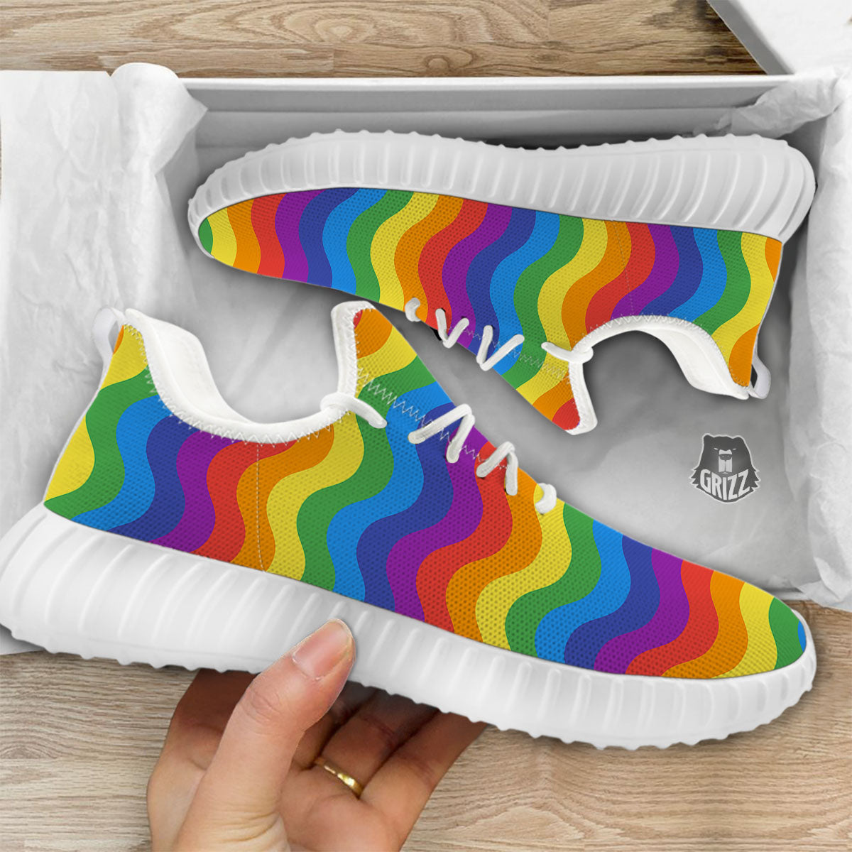 Wave Rainbow Print Pattern White Walking Shoes-grizzshop