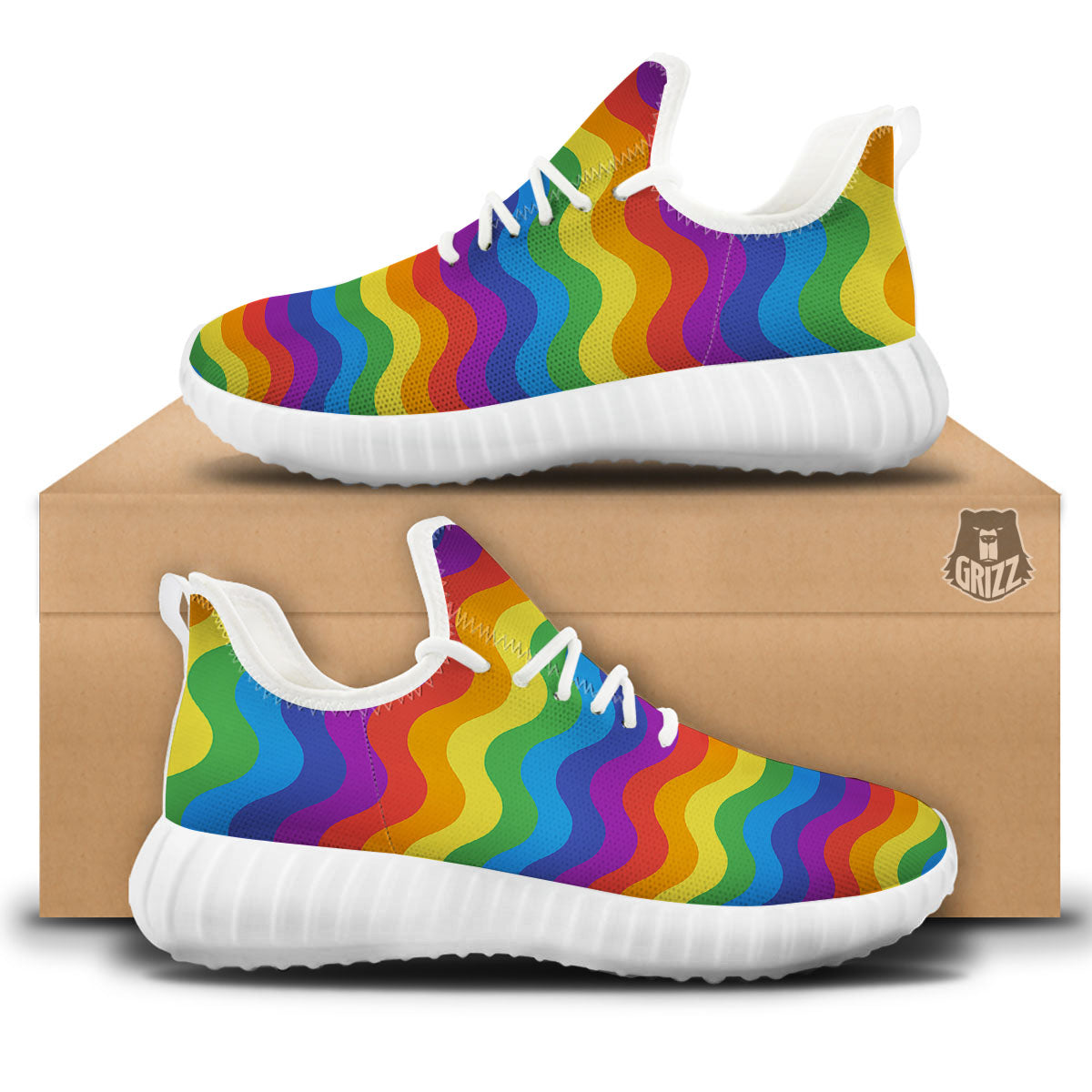 Wave Rainbow Print Pattern White Walking Shoes-grizzshop