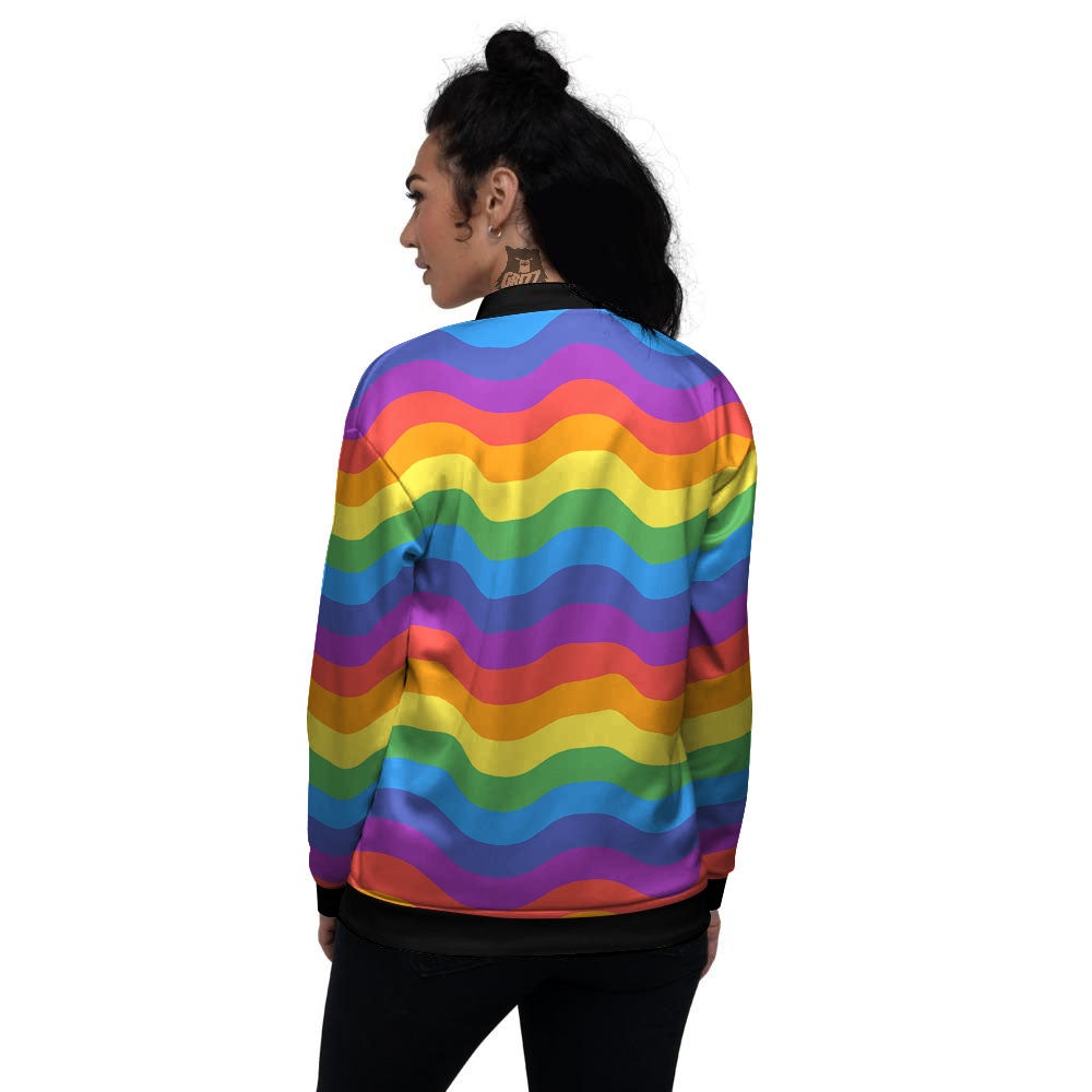 Wave Rainbow Print Pattern Women's Bomber Jacket-grizzshop