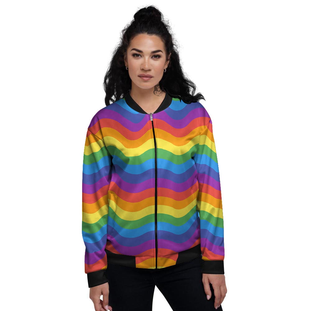 Wave Rainbow Print Pattern Women's Bomber Jacket-grizzshop