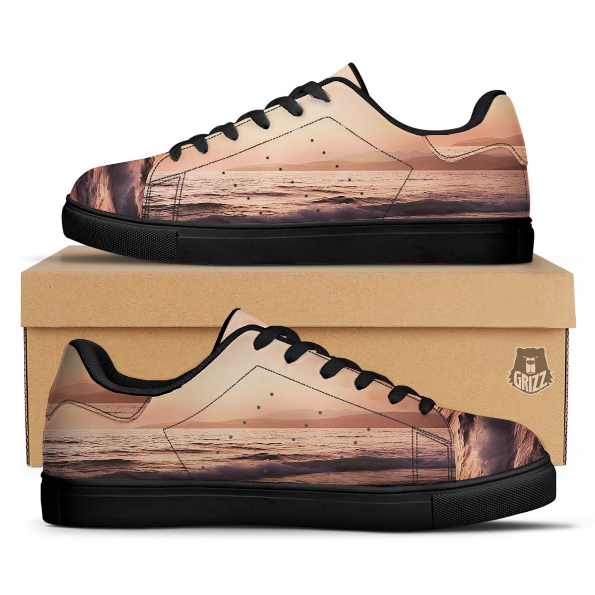 Wave Sunrise Print Black Low Top Sneakers-grizzshop