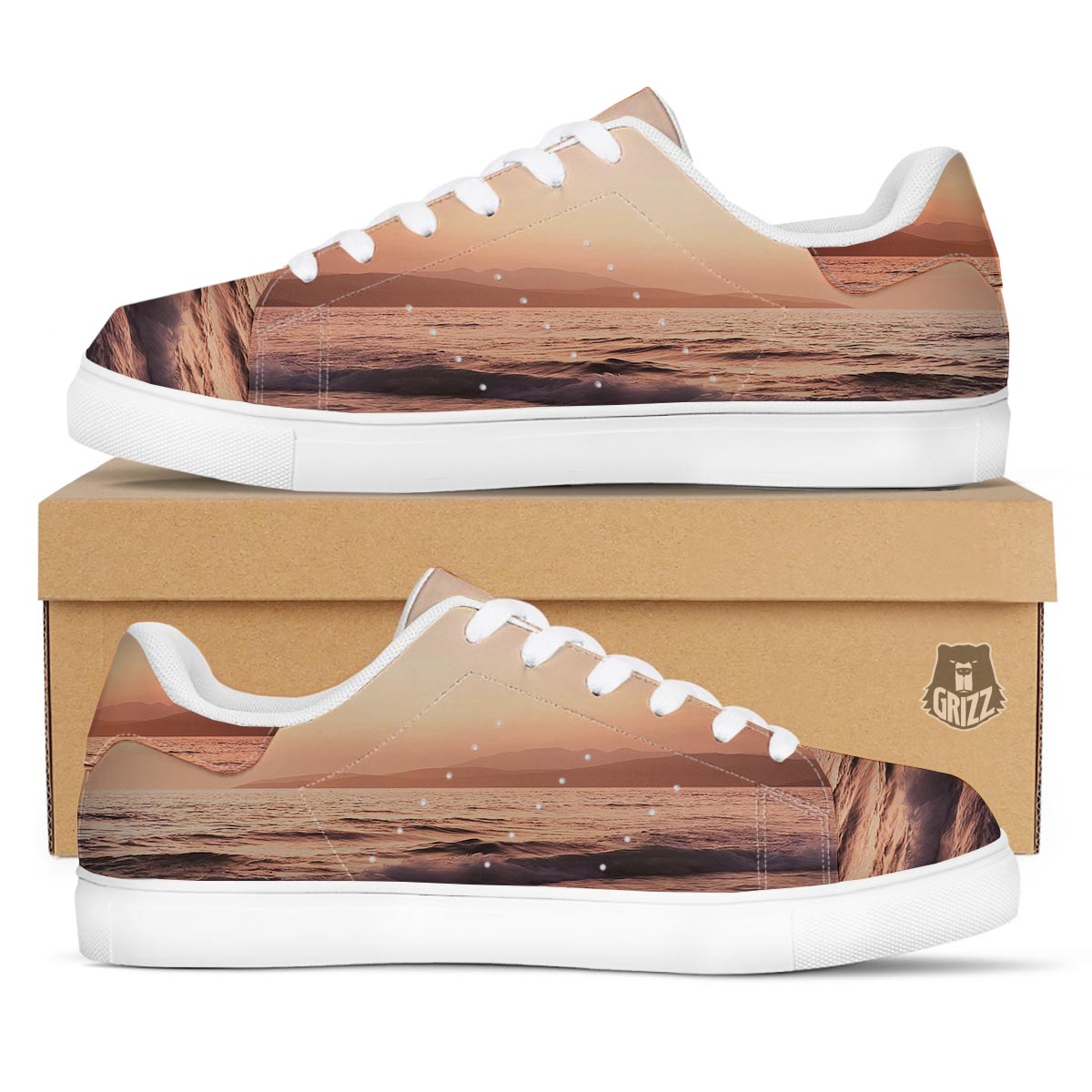 Wave Sunrise Print White Low Top Sneakers-grizzshop