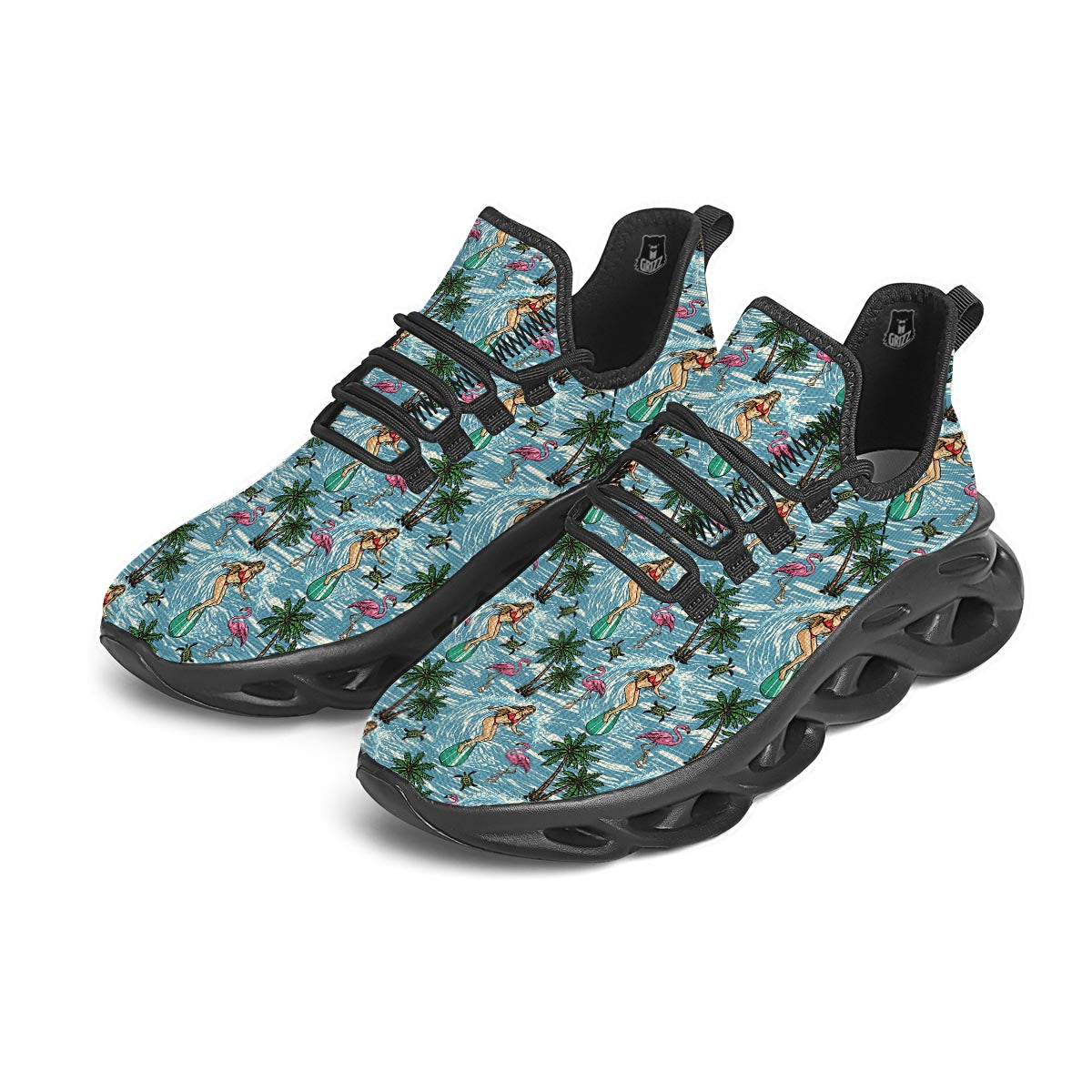 Wave Surfing Print Pattern Black Running Shoes-grizzshop